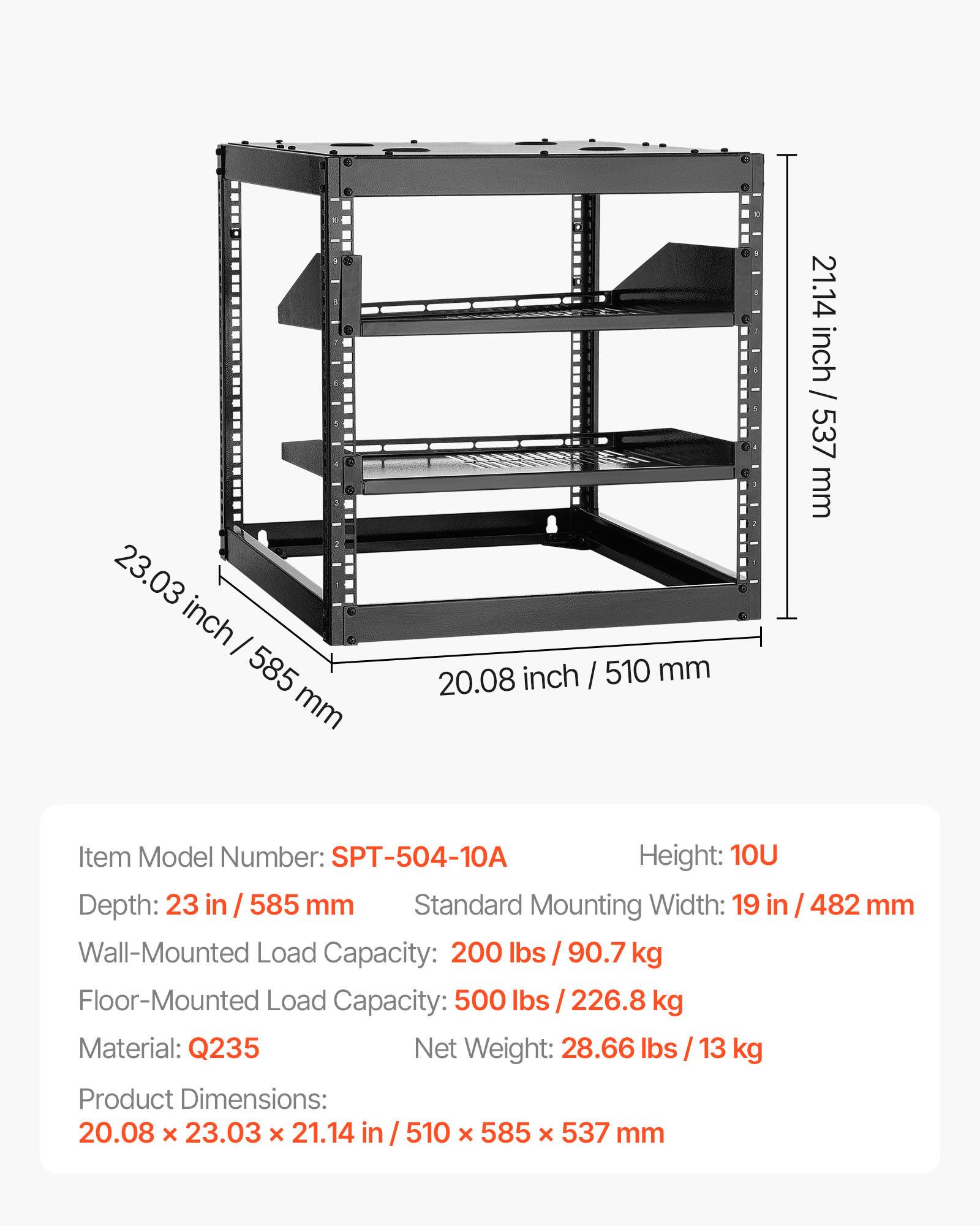 Vevor - VEVOR Rack serveur 10U cadre ouvert 19", profondeur 585 mm, acier Q235, montage autoportant ou mural, étagères ventilées et kit de montage inclus. - Image 6