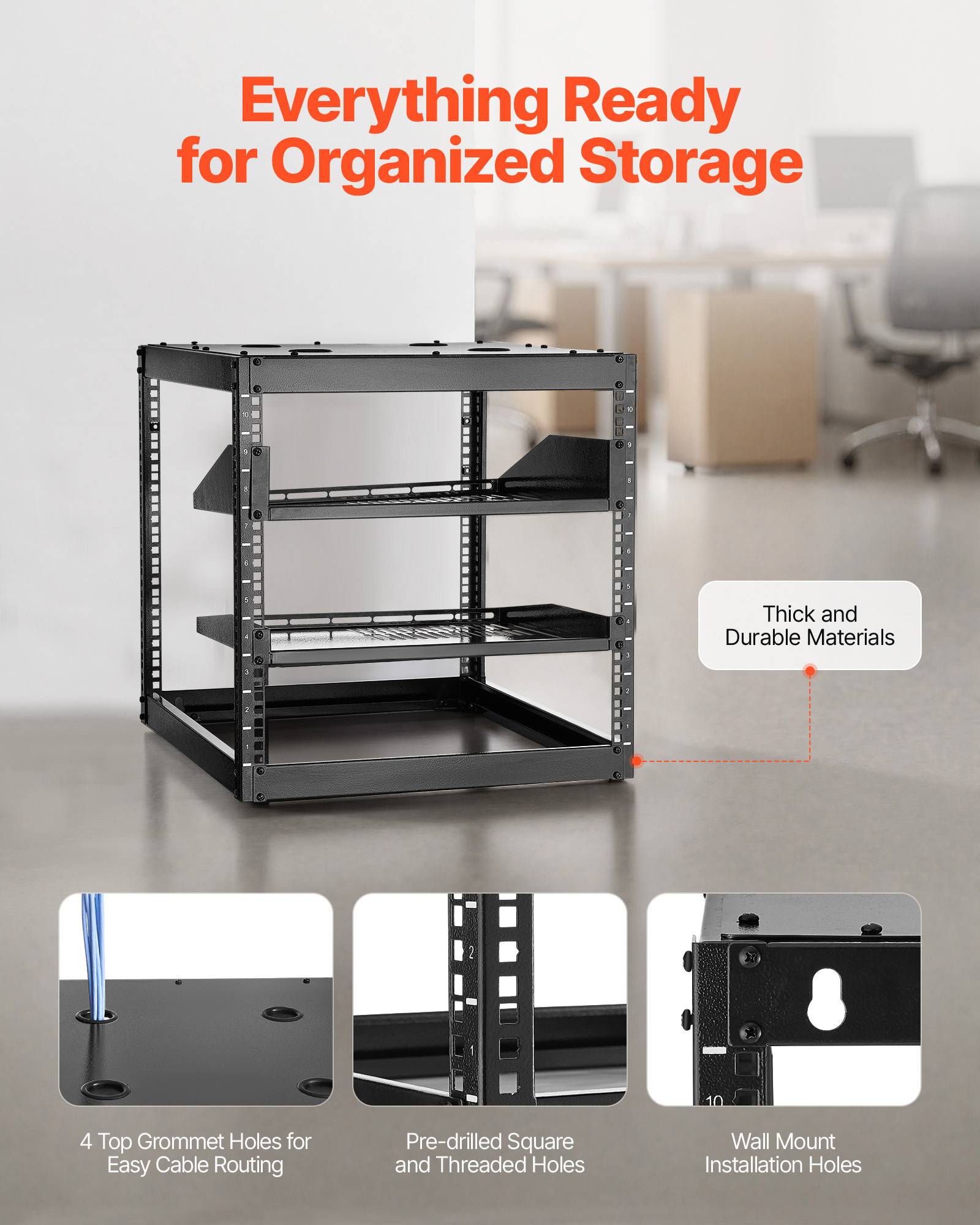 Vevor - VEVOR Rack serveur 10U cadre ouvert 19", profondeur 585 mm, acier Q235, montage autoportant ou mural, étagères ventilées et kit de montage inclus. - Image 7
