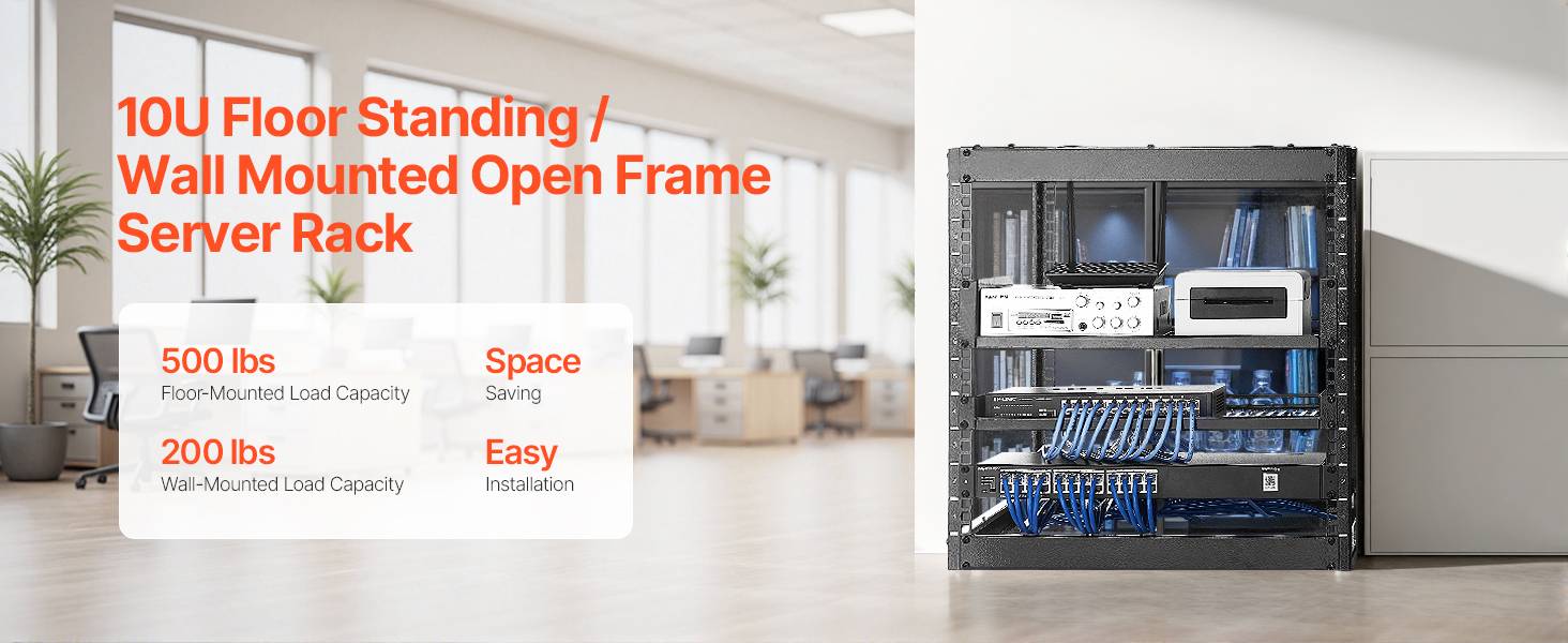 Vevor - VEVOR Rack serveur 10U cadre ouvert 19", profondeur 585 mm, acier Q235, montage autoportant ou mural, étagères ventilées et kit de montage inclus. - Image 9