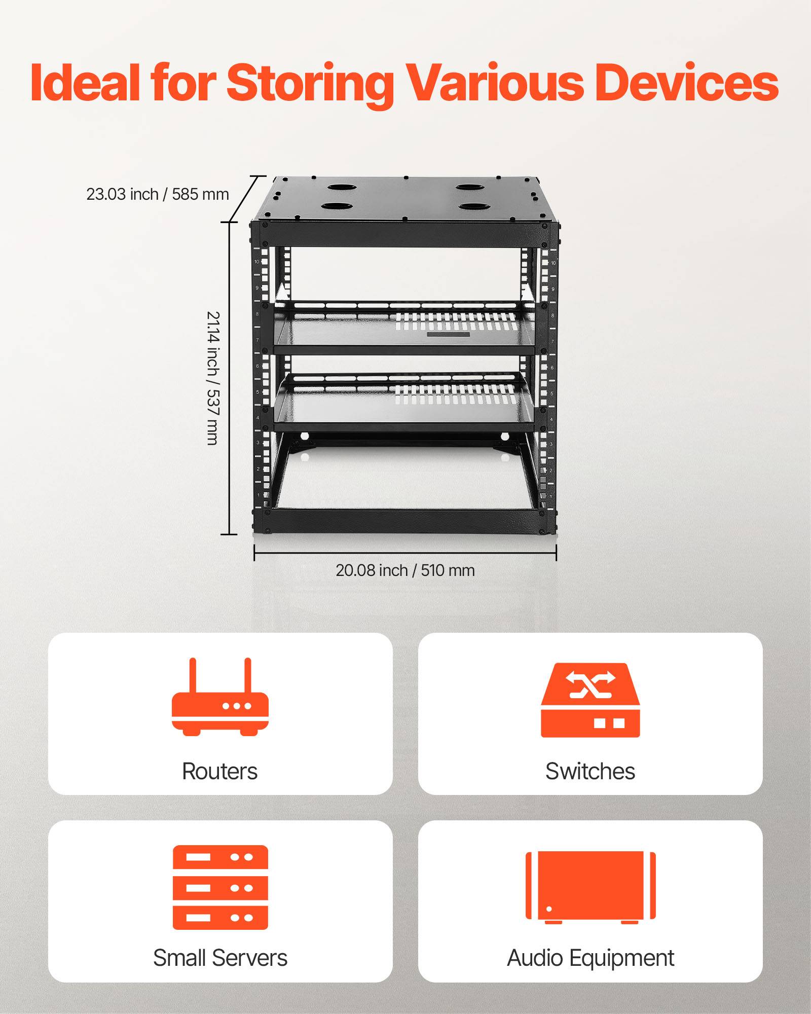 Vevor - VEVOR Rack serveur 10U cadre ouvert 19", profondeur 585 mm, acier Q235, montage autoportant ou mural, étagères ventilées et kit de montage inclus. - Image 4