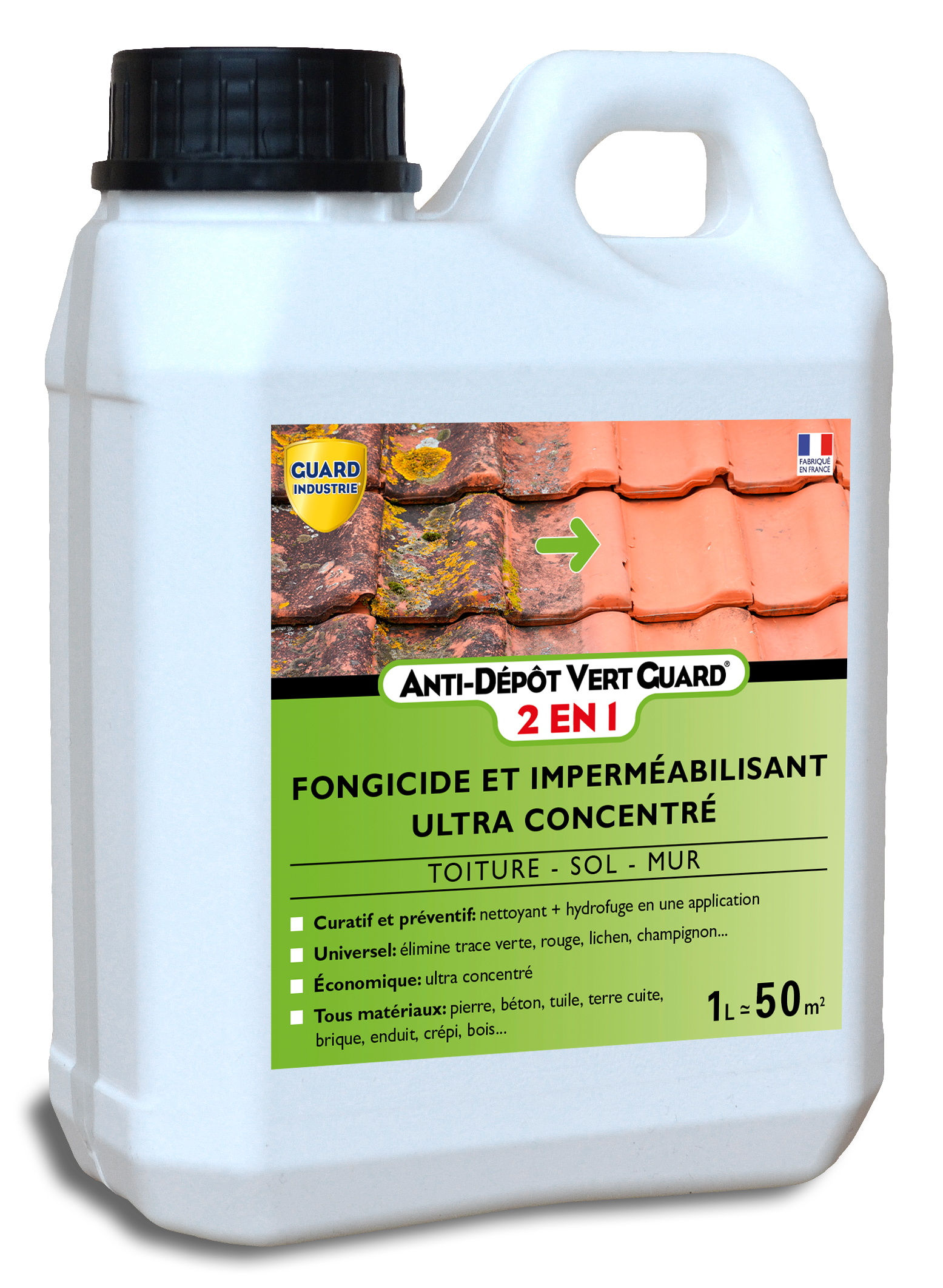 Anti Dépôt Vert Guard 2en1 Nettoyant Imperméabilisant Invisible Anti Champignon Lichen Tous Matériaux 1L 50m²