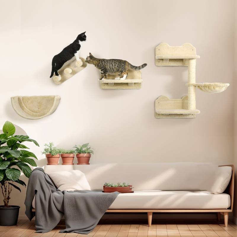 Arbre à chat mural 4 pièces parcours escalade 40 x 28 x 73 cm bois ingénierie sisal peluche beige - PANGIVO - Image 2