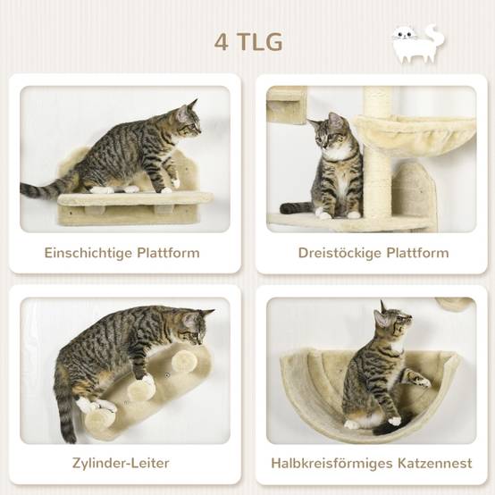 Arbre à chat mural 4 pièces parcours escalade 40 x 28 x 73 cm bois ingénierie sisal peluche beige - PANGIVO - Image 5