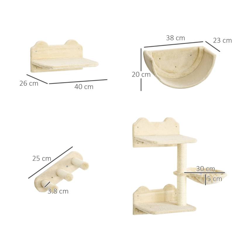 Arbre à chat mural 4 pièces parcours escalade 40 x 28 x 73 cm bois ingénierie sisal peluche beige - PANGIVO - Image 3