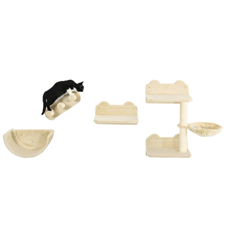 Arbre à chat mural 4 pièces parcours escalade 40 x 28 x 73 cm bois ingénierie sisal peluche beige - PANGIVO - Image 1