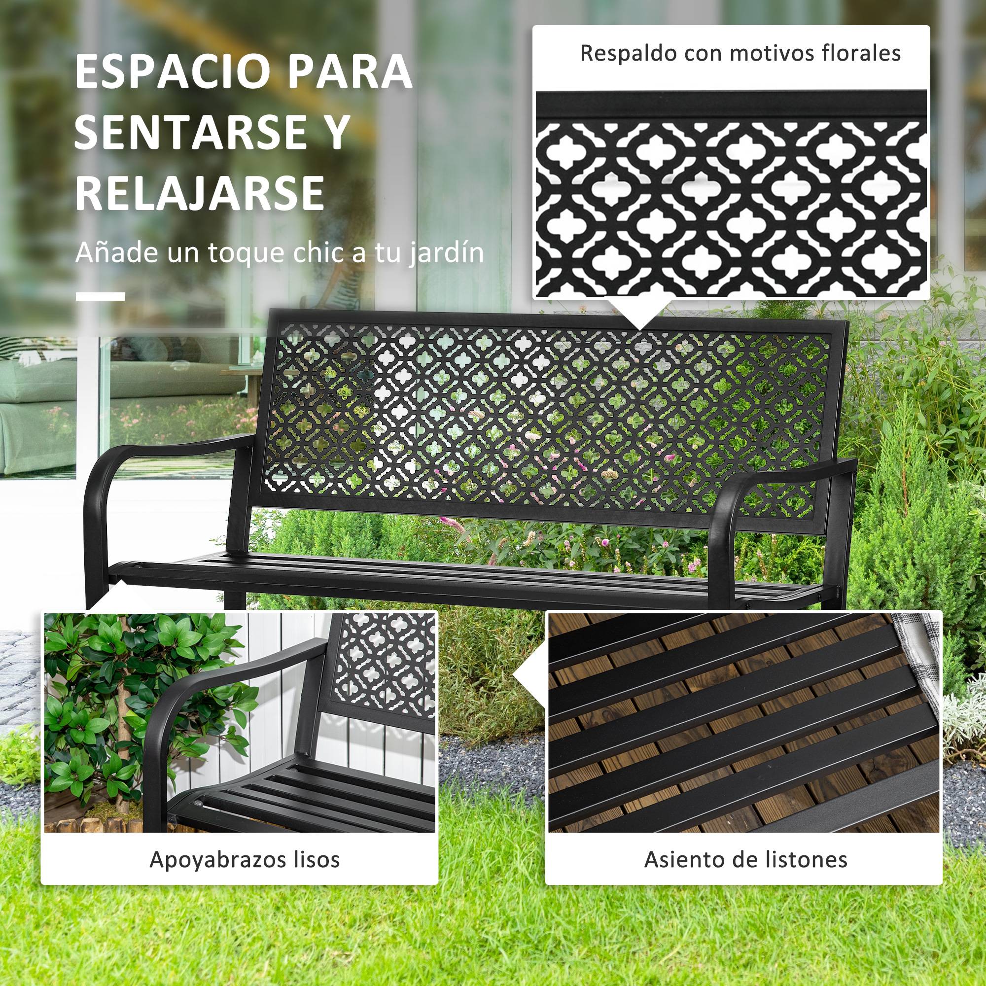 ComfortXL - Banc de jardin acier fonte patio Dossier treillis élégant 2 places 127x63x83cm noir - ComfortXL Outdoor Living - Image 6
