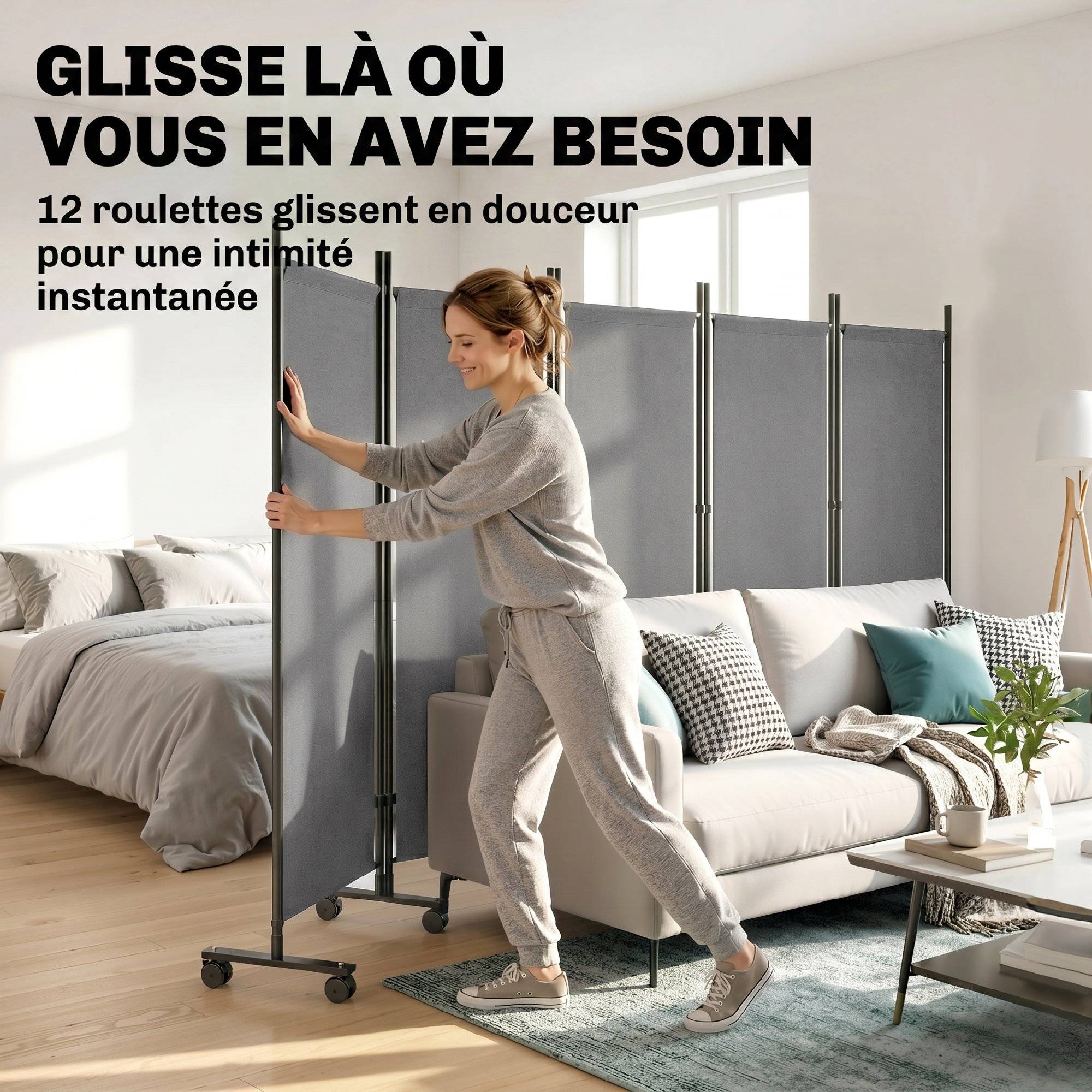 Paravent 5 Panneaux 252x170cm, Paravent Pliant avec 12 Roulettes et Clips de Connexion, Acier et Polyester, Gris Foncé - Image 6