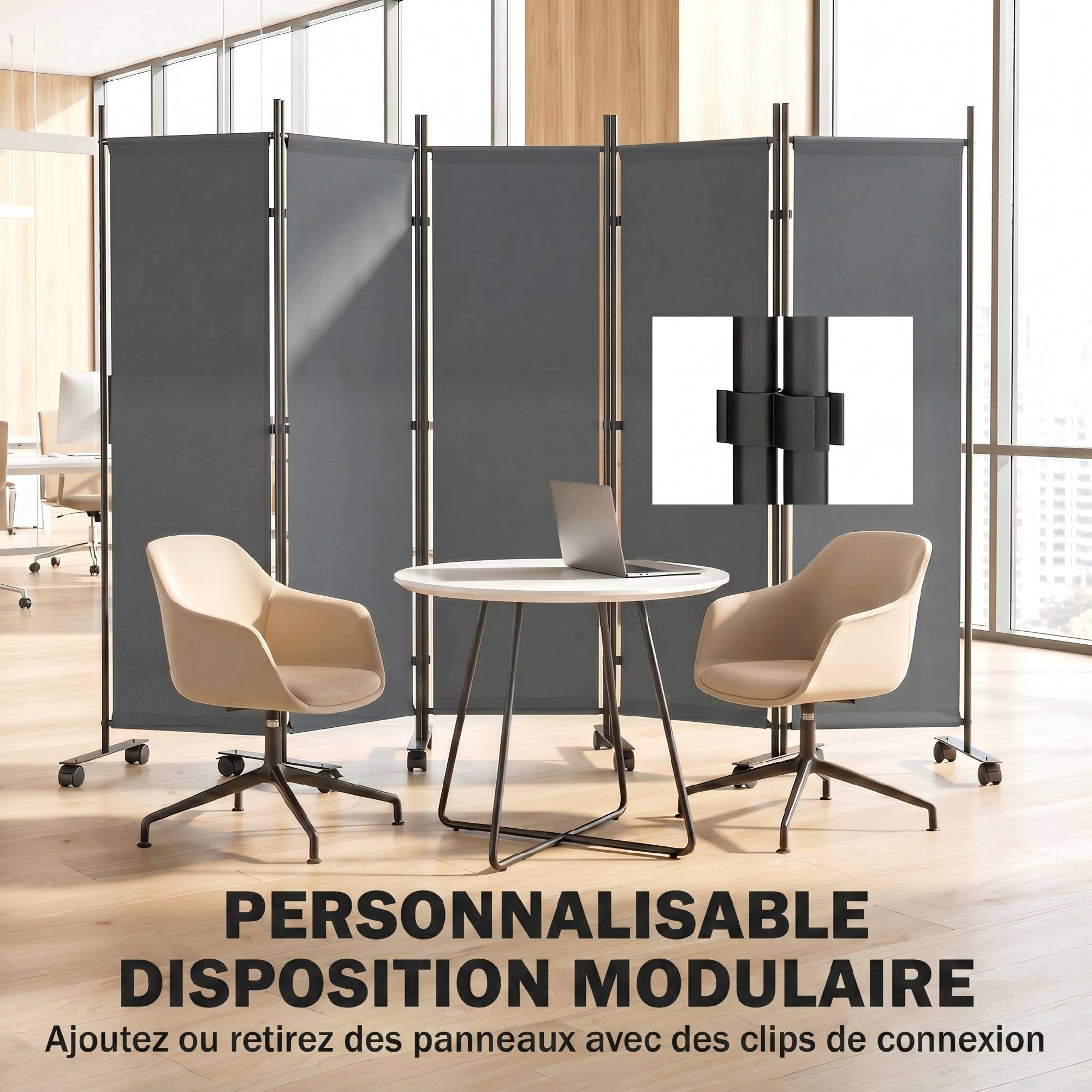 Paravent 5 Panneaux 252x170cm, Paravent Pliant avec 12 Roulettes et Clips de Connexion, Acier et Polyester, Gris Foncé - Image 8