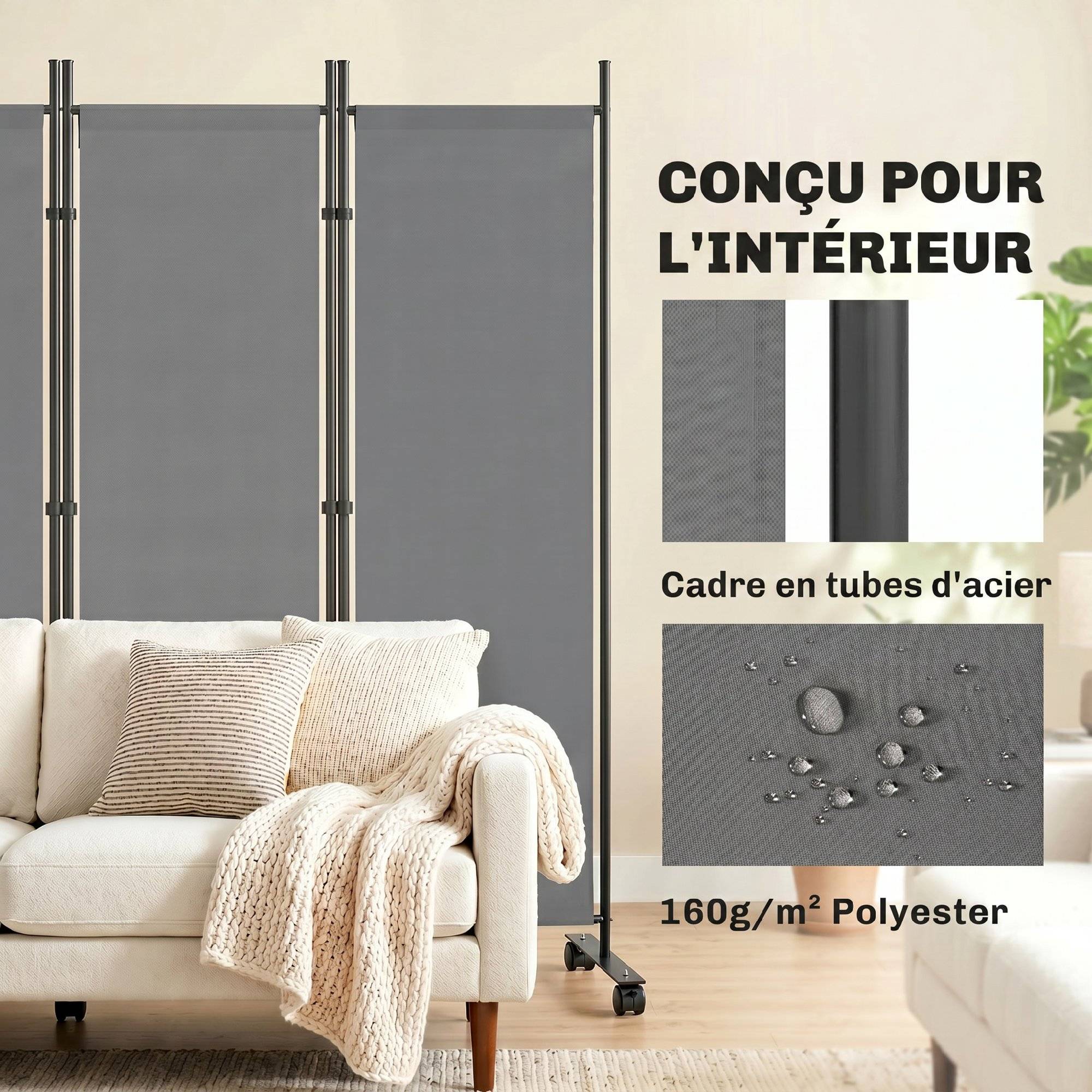 Paravent 5 Panneaux 252x170cm, Paravent Pliant avec 12 Roulettes et Clips de Connexion, Acier et Polyester, Gris Foncé - Image 9