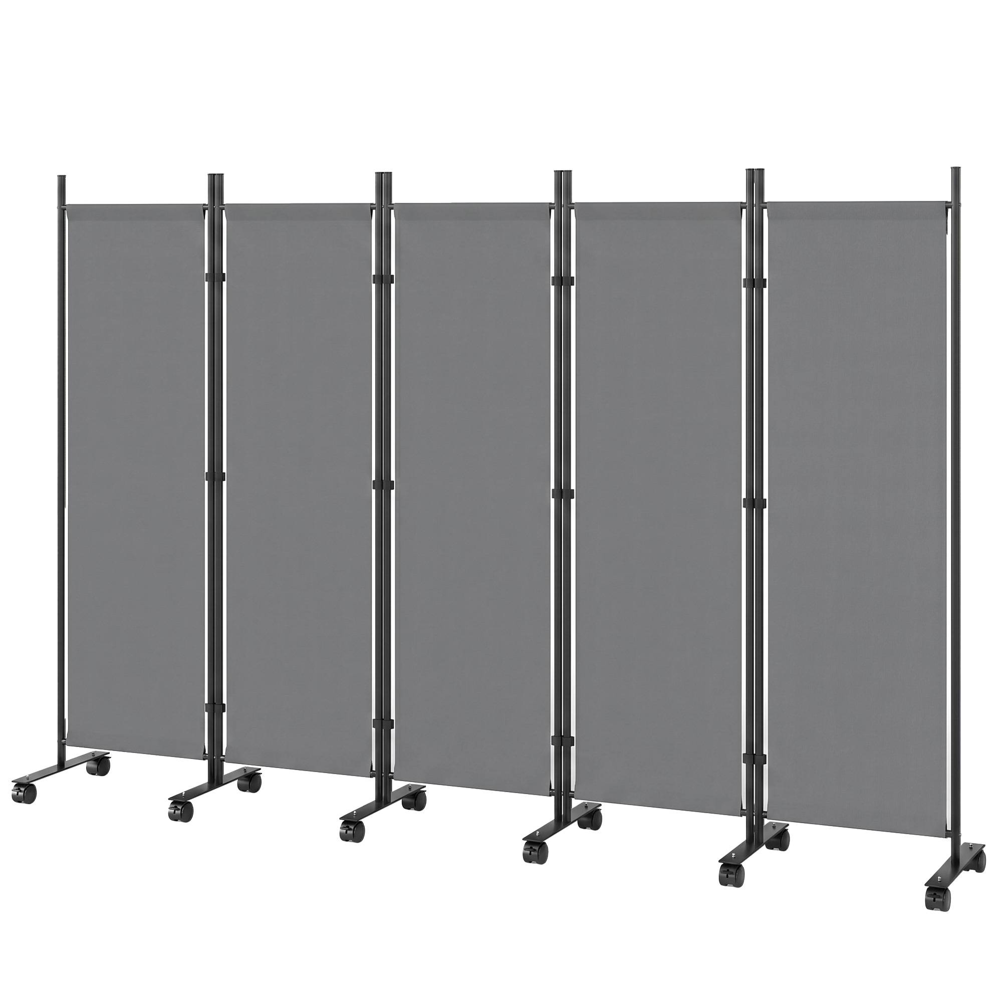 Paravent 5 Panneaux 252x170cm, Paravent Pliant avec 12 Roulettes et Clips de Connexion, Acier et Polyester, Gris Foncé - Image 2