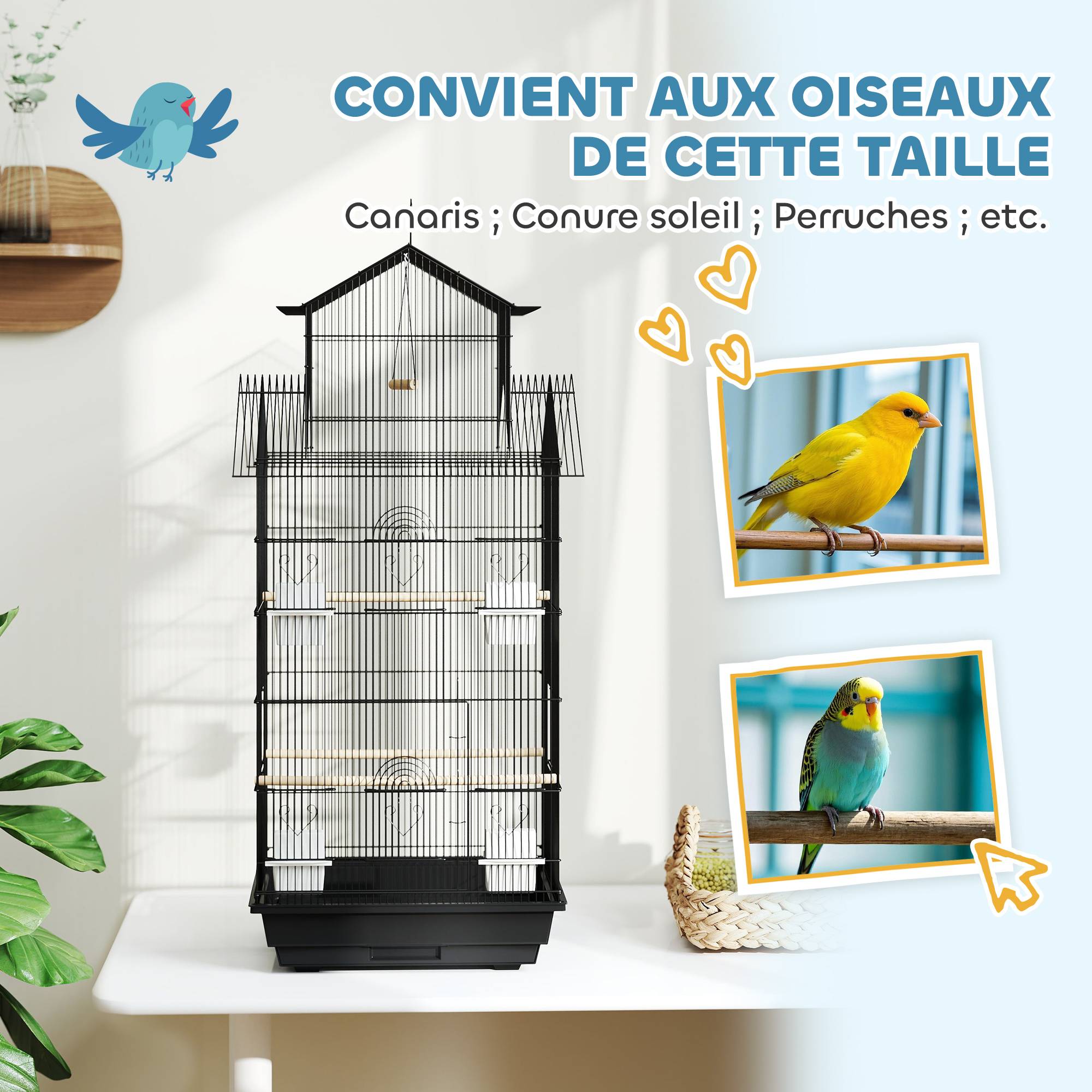 Cage à oiseaux volière avec balançoire poignée portable 4 mangeoires 3 perchoirs 50,5 x 41 x 104 cm en acier noir - Image 9