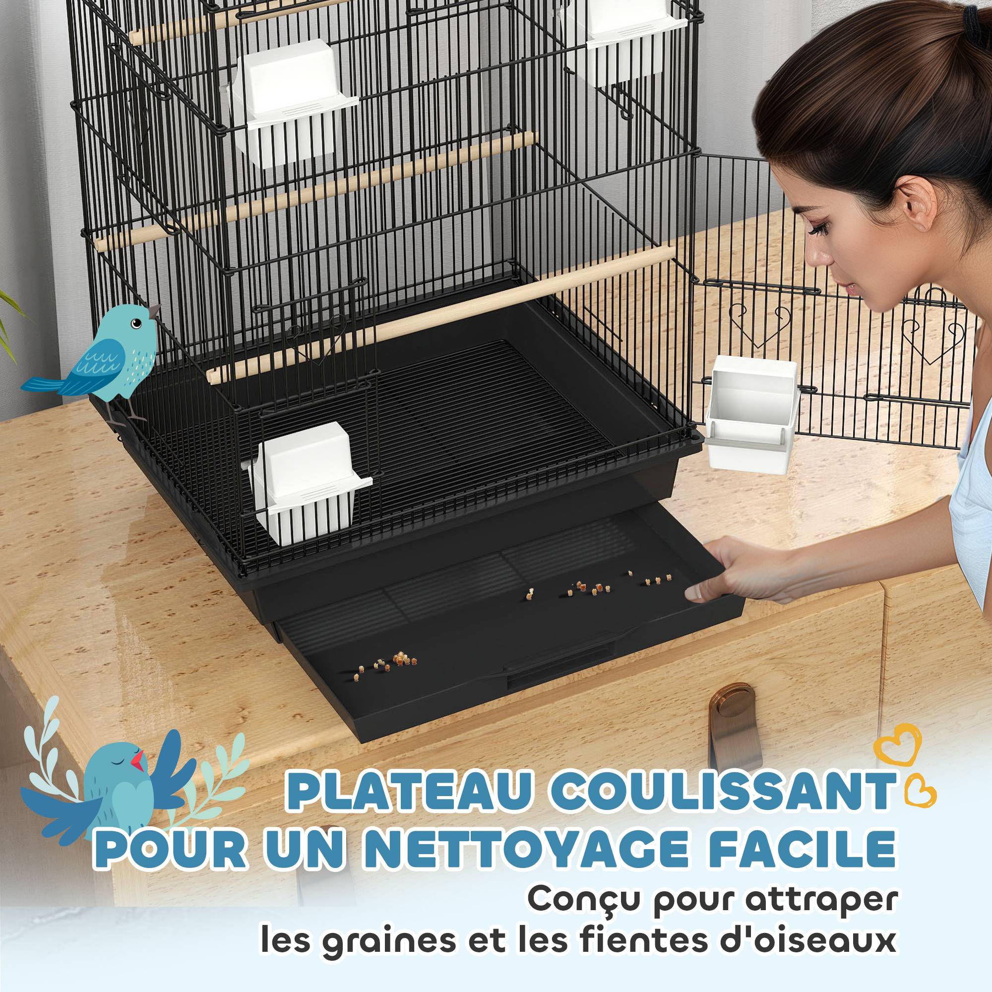Cage à oiseaux volière avec balançoire poignée portable 4 mangeoires 3 perchoirs 50,5 x 41 x 104 cm en acier noir - Image 7