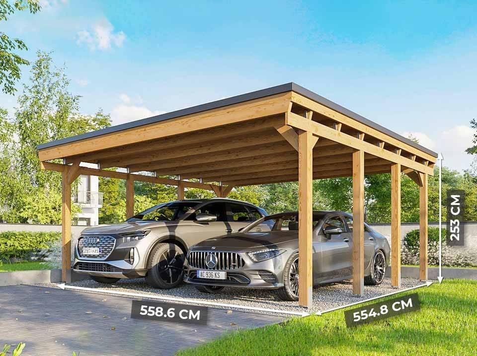 Direct Abris - Carport Bois CASTELLANE 558X555 Panneau de Fond Intégré - Toiture en Bois + Feutre Bitumeux - Abri 2 Voiture - Image 2