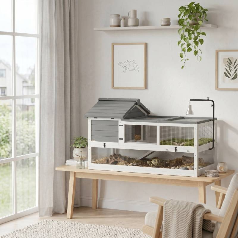 ComfortXL - Enclos tortue en bois massif gris à deux abris avec terrasse et support de lampe - ComfortXL Outdoor Living - Image 8