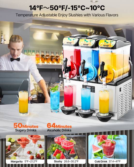 VEVOR Machine à granite 3 réservoirs 15L, inox, distributeur boissons glacées, pour restaurants/bars. - Image 3