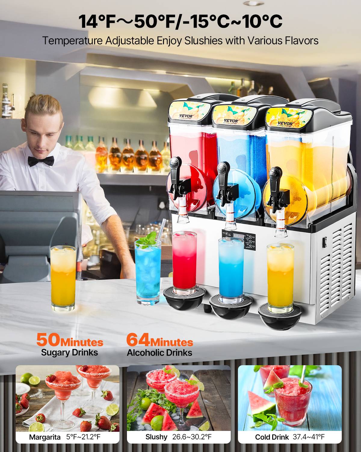VEVOR Machine à granite 3 réservoirs 15L, inox, distributeur boissons glacées, pour restaurants/bars. - Image 3