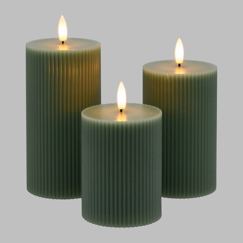 Lotti - Lot de 3 Bougies LED avec Nervures Ø7,5cm H10/12,5/15cm Cire Verte JADE flamme 3D avec Télécommande - Image 1