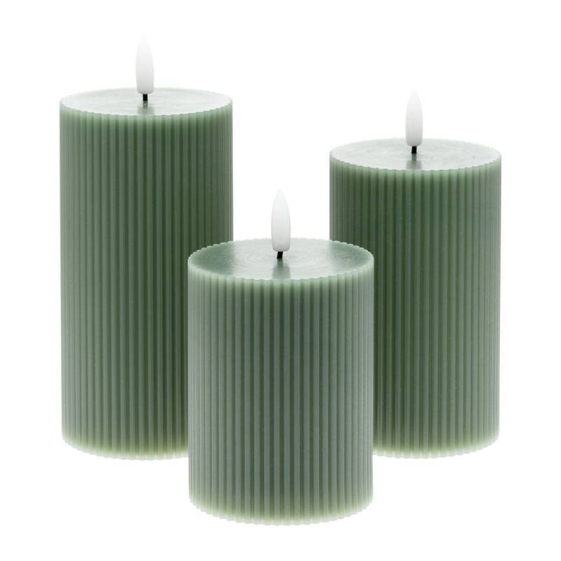 Lotti - Lot de 3 Bougies LED avec Nervures Ø7,5cm H10/12,5/15cm Cire Verte JADE flamme 3D avec Télécommande - Image 4