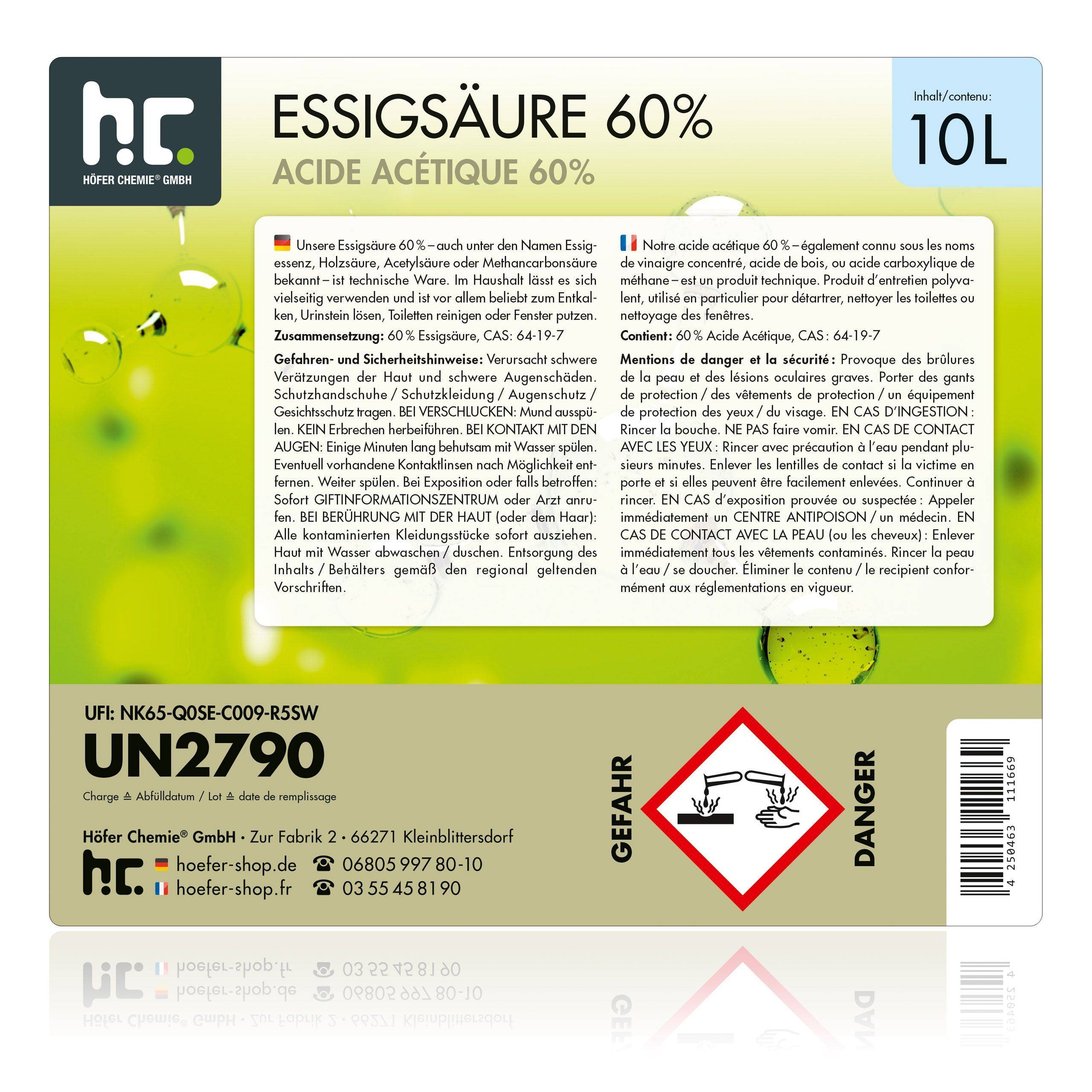 Acide Acétique 60% Höfer Chemie® en bidon de 10 L x 1 - Image 3