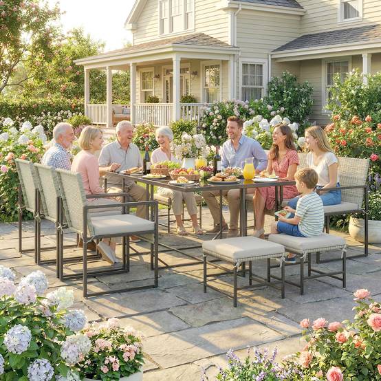 Ensemble repas patio 11 pcs, mobilier extérieur avec 6 fauteuils, 4 poufs, gris - Image 4