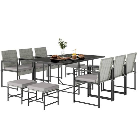 Ensemble repas patio 11 pcs, mobilier extérieur avec 6 fauteuils, 4 poufs, gris - Image 2