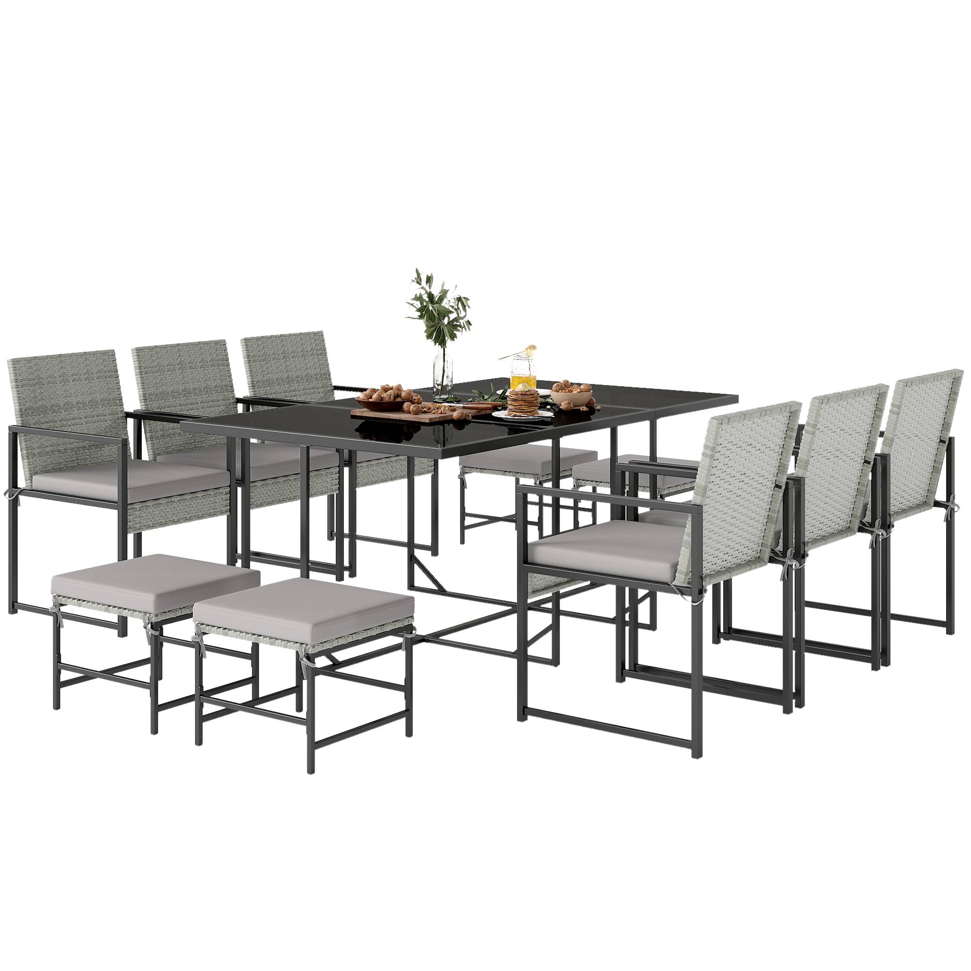 Ensemble repas patio 11 pcs, mobilier extérieur avec 6 fauteuils, 4 poufs, gris - Image 2