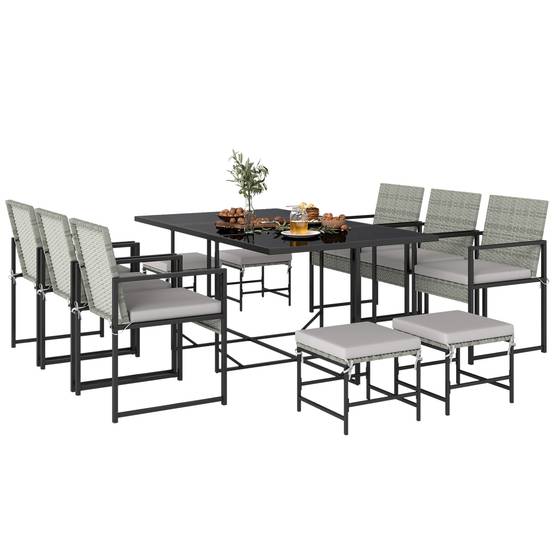 Ensemble repas patio 11 pcs, mobilier extérieur avec 6 fauteuils, 4 poufs, gris - Image 1