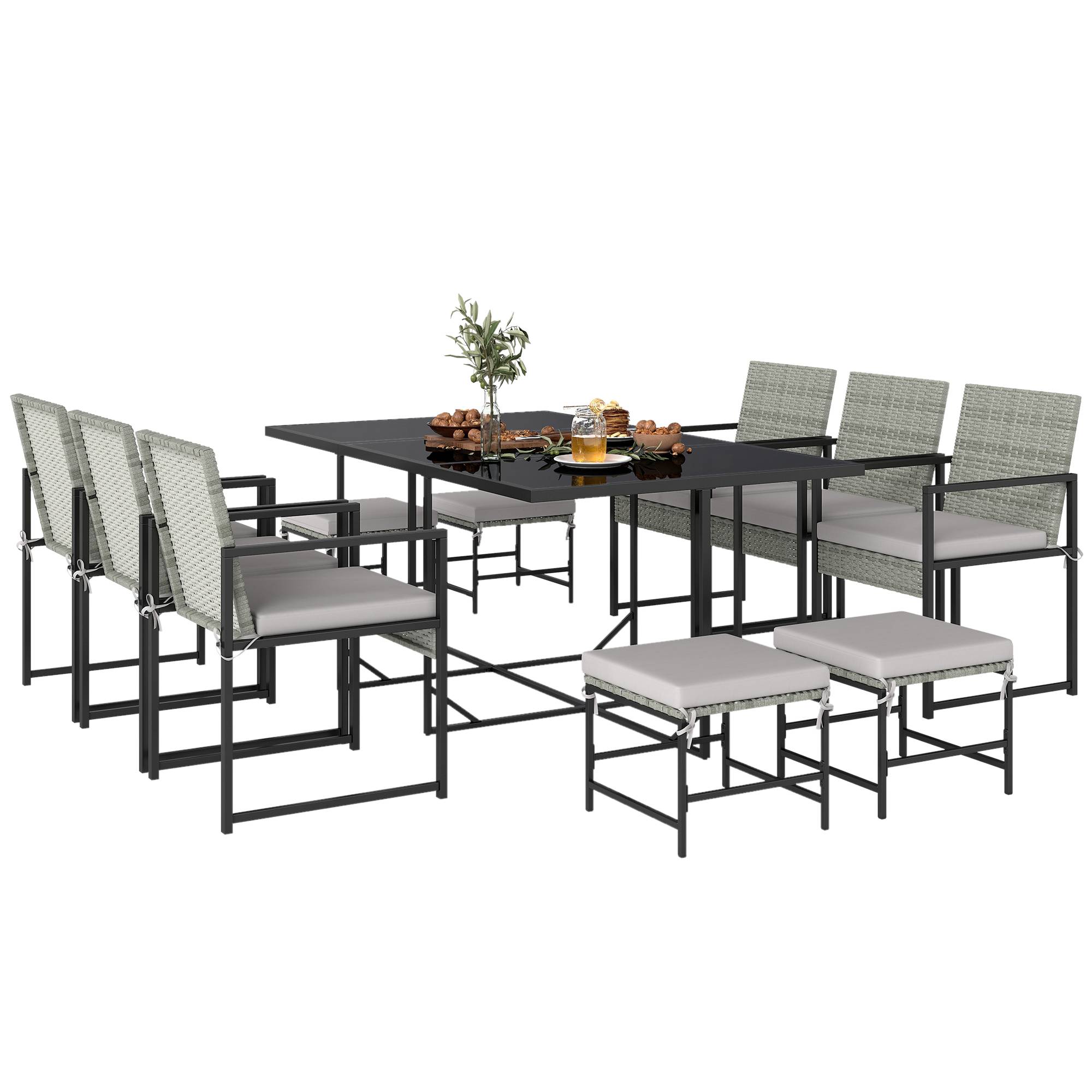 Ensemble repas patio 11 pcs, mobilier extérieur avec 6 fauteuils, 4 poufs, gris - Image 1