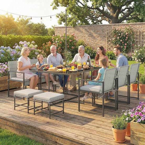 Ensemble repas patio 11 pcs, mobilier extérieur avec 6 fauteuils, 4 poufs, gris - Image 3