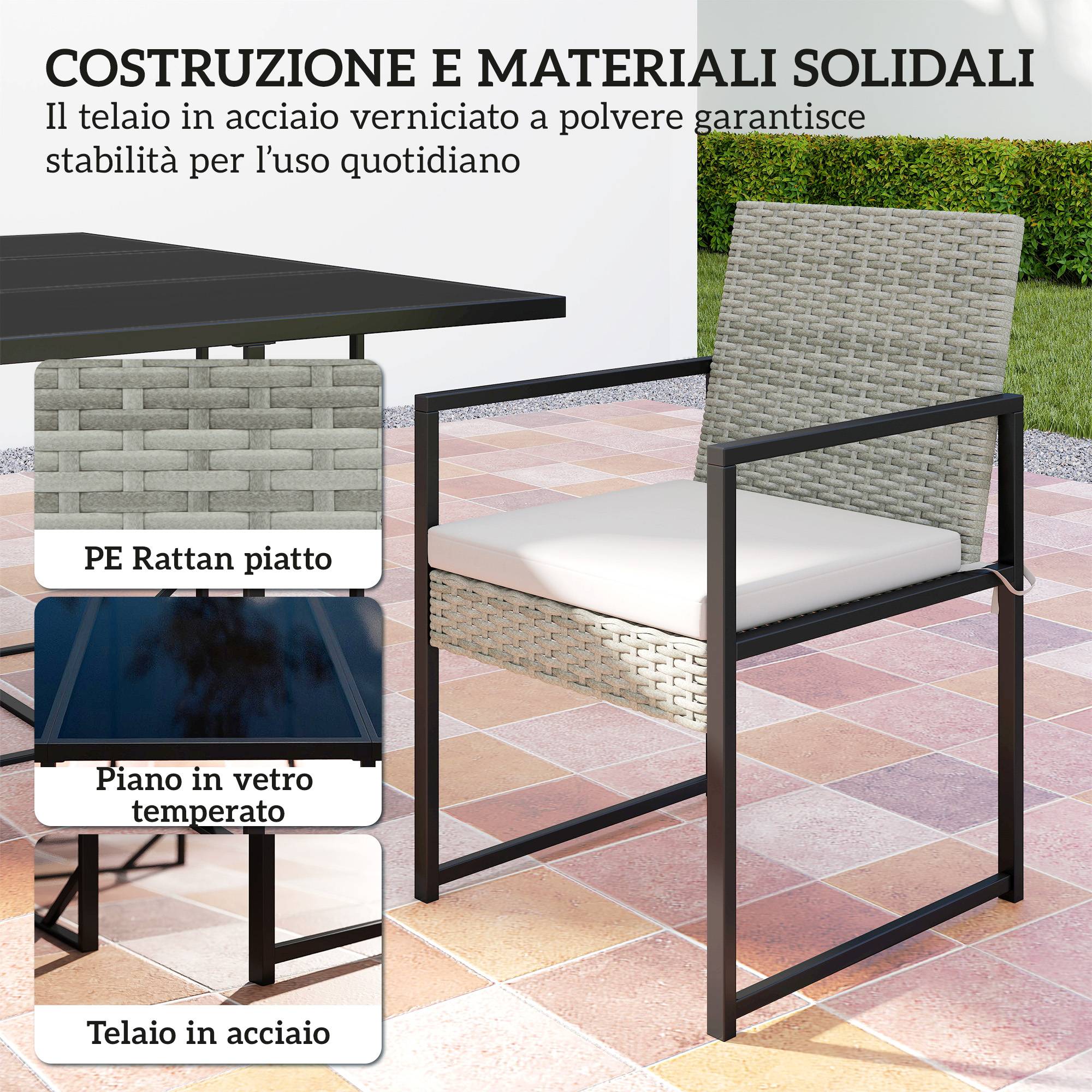 Ensemble repas patio 11 pcs, mobilier extérieur avec 6 fauteuils, 4 poufs, gris - Image 9