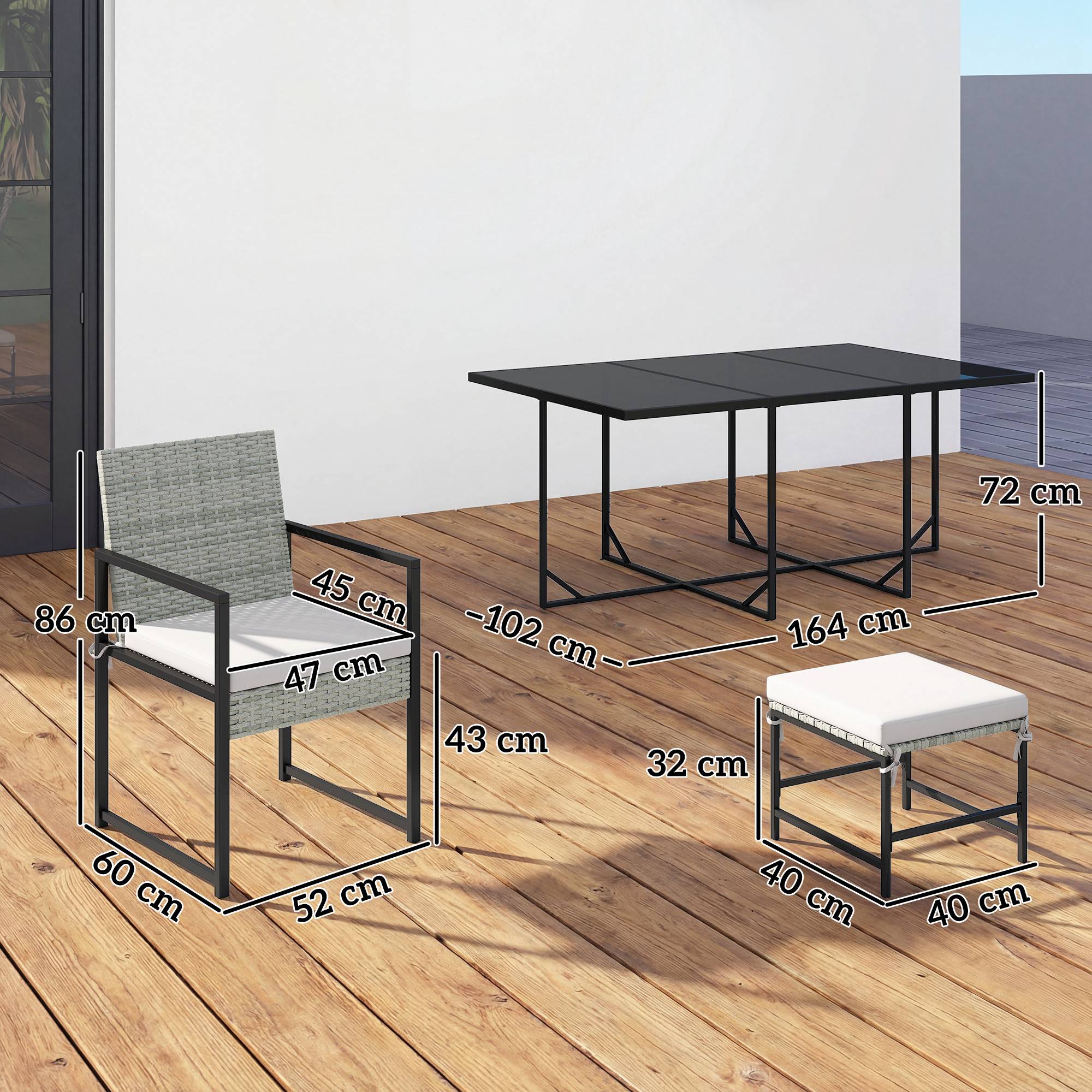 Ensemble repas patio 11 pcs, mobilier extérieur avec 6 fauteuils, 4 poufs, gris - Image 5