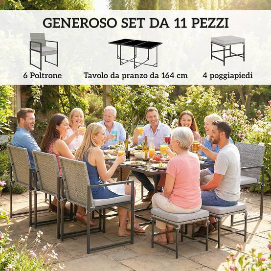 Ensemble repas patio 11 pcs, mobilier extérieur avec 6 fauteuils, 4 poufs, gris - Image 6