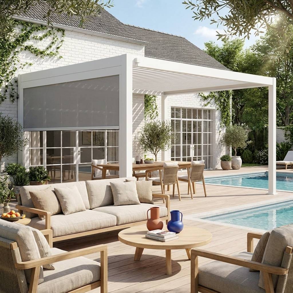 Pergola Bioclimatique blanche – Triomphe – 300x400cm. aluminium. à lames orientables + store 300cm | sweeek - Image 1