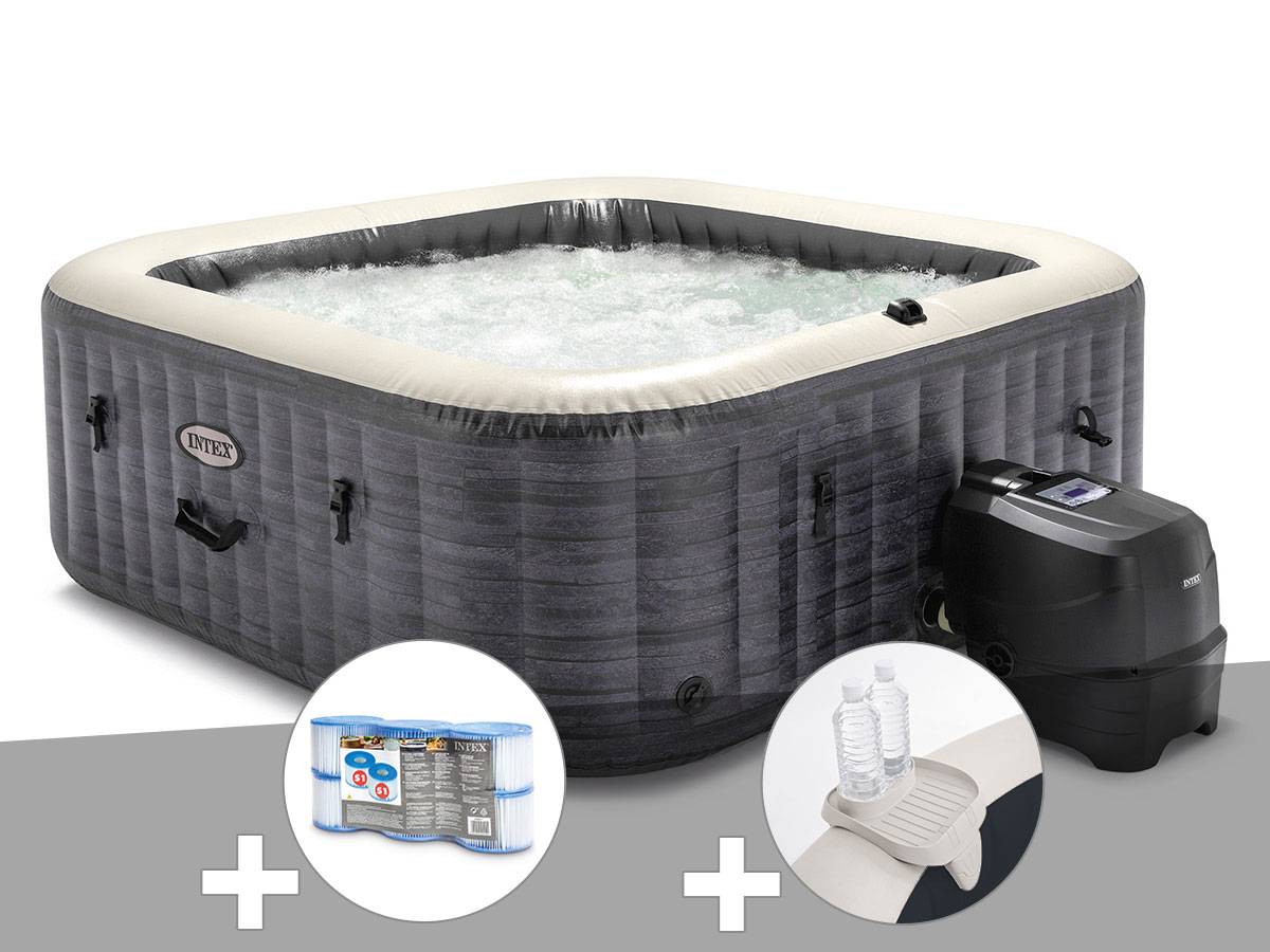 Kit spa gonflable Intex PureSpa Ardoise carré Bulles 6 places + 6 filtres + Porte-verre - Image 1