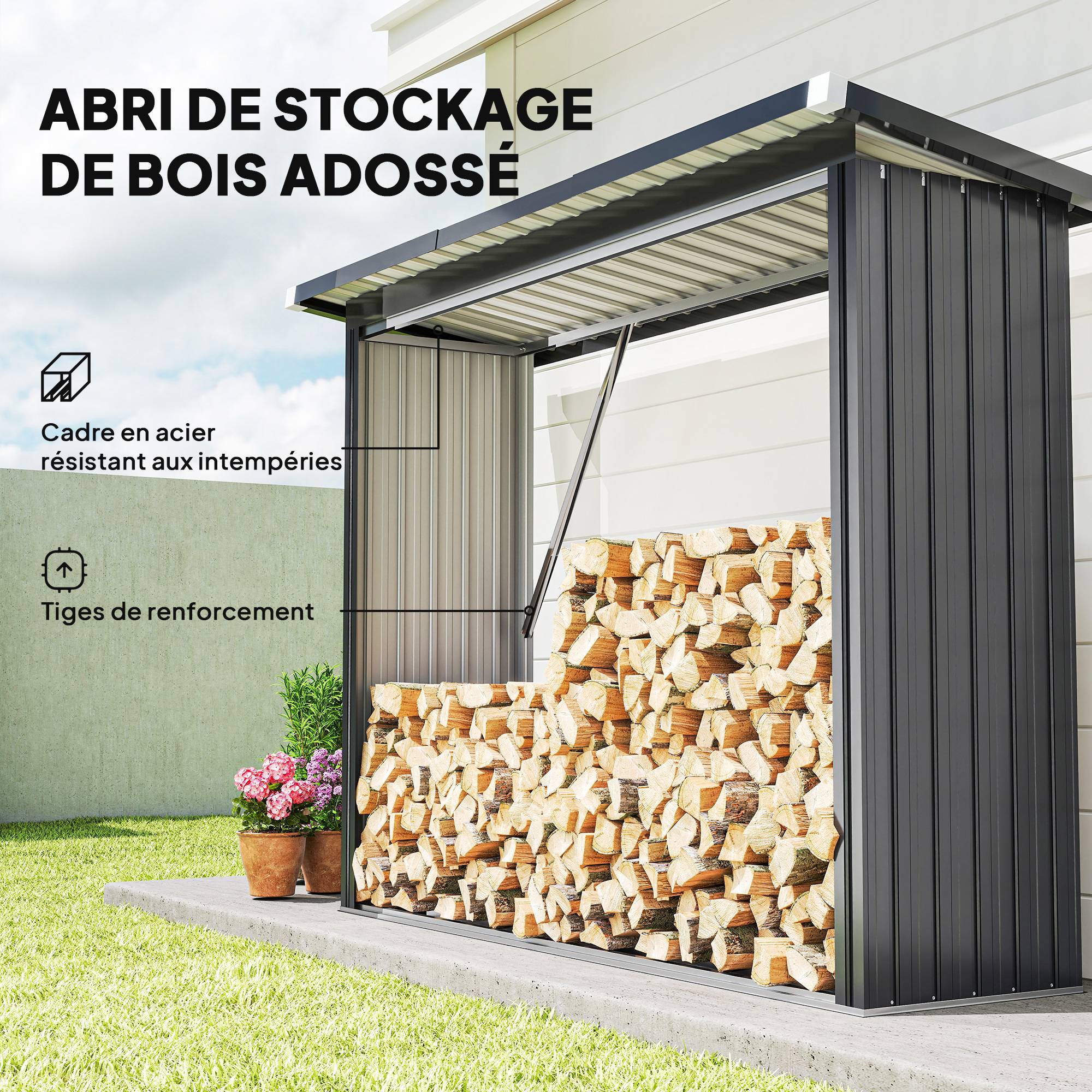 ComfortXL - Abri-bûches extérieur acier galvanisé toit incliné ondulé 213x66x150cm gris - ComfortXL Outdoor Living - Image 6