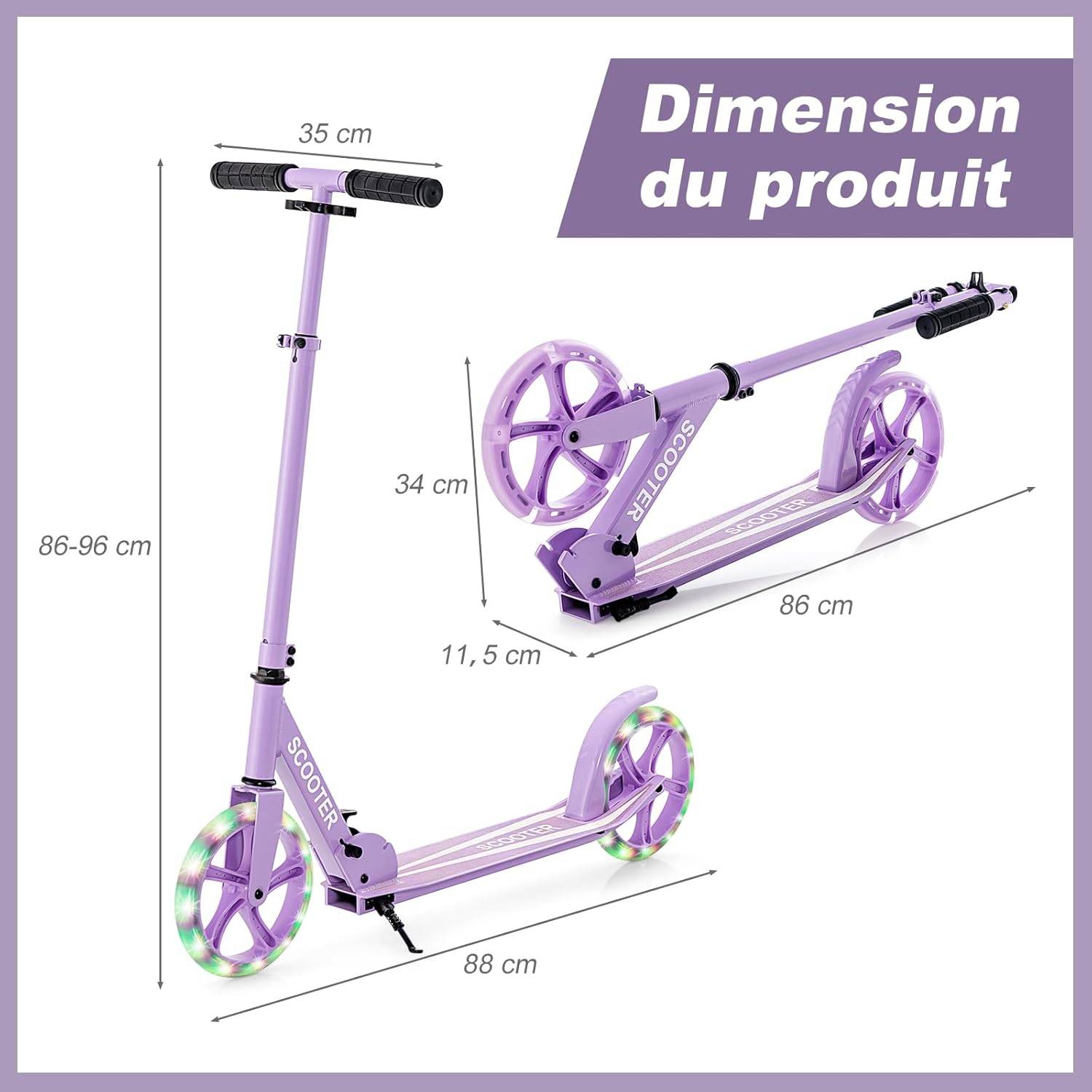 GYMAX Trottinette Enfants Pliable - Hauteur Réglable 63/73/87 Cm, Roues LED, Frein Arrière, Charge Max 70 Kg (4-10 Ans)