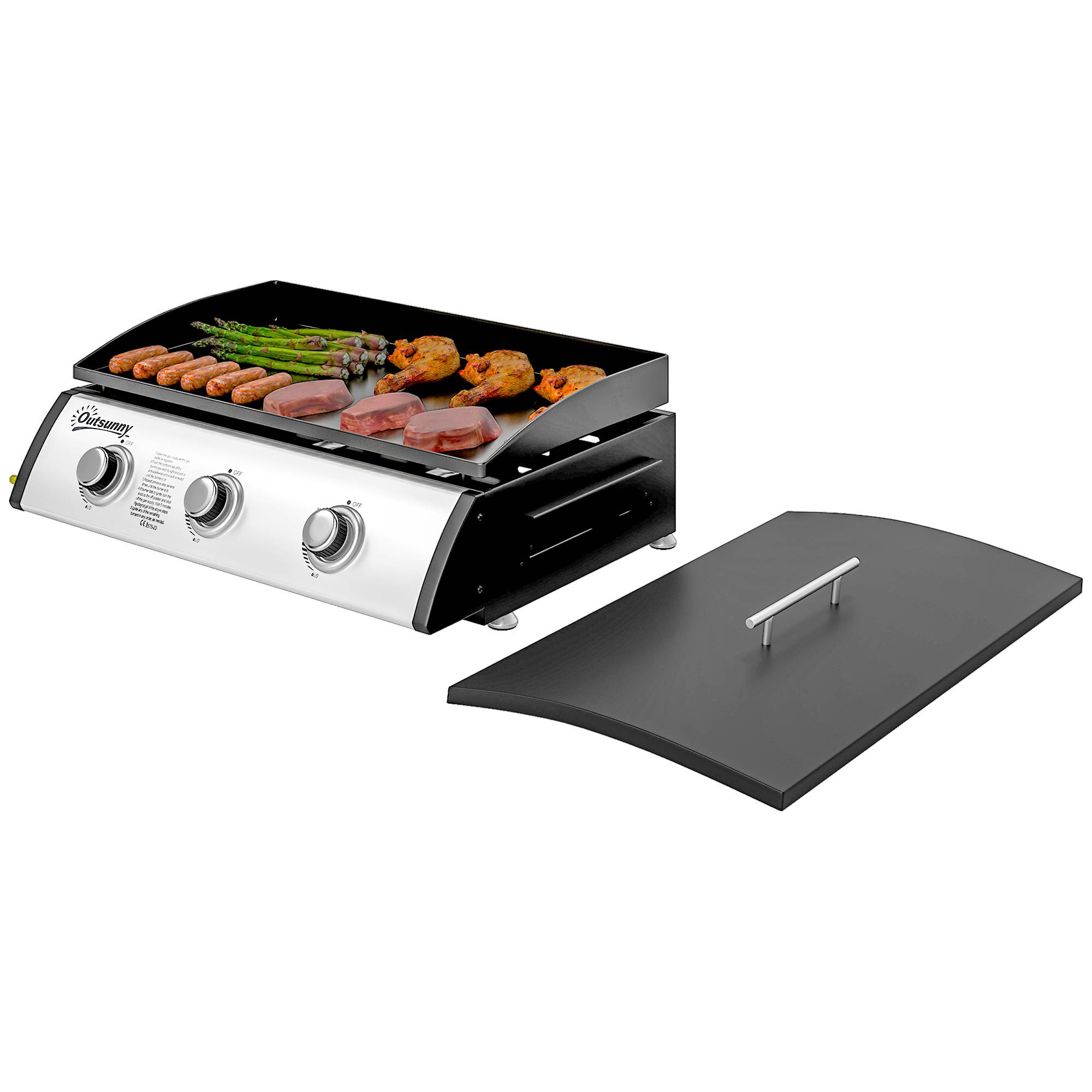 Plancha gaz 3 brûleurs 7,5 kW, surface cuisson 61 x 35,5 cm avec couvercle, gaz liquéfié/propane, 63 x 47 x 25 cm noir - Image 2