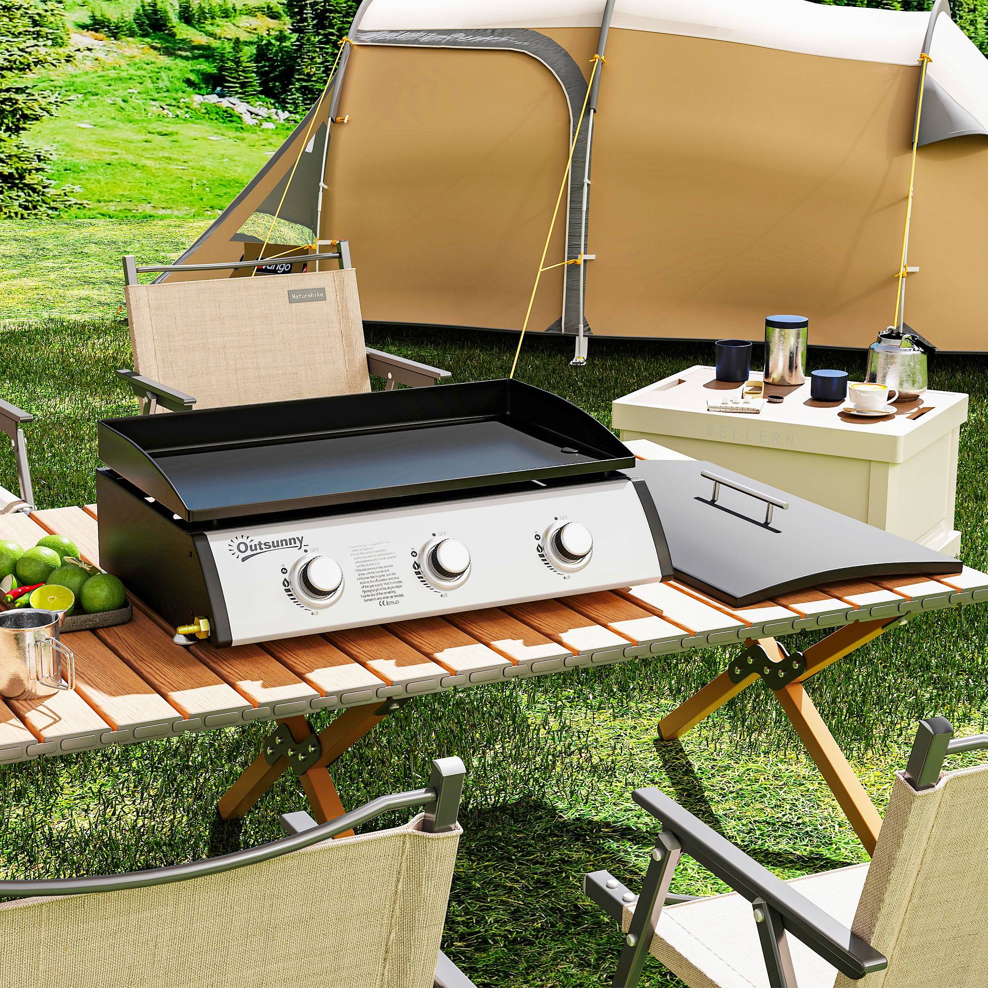 Plancha gaz 3 brûleurs 7,5 kW, surface cuisson 61 x 35,5 cm avec couvercle, gaz liquéfié/propane, 63 x 47 x 25 cm noir - Image 4