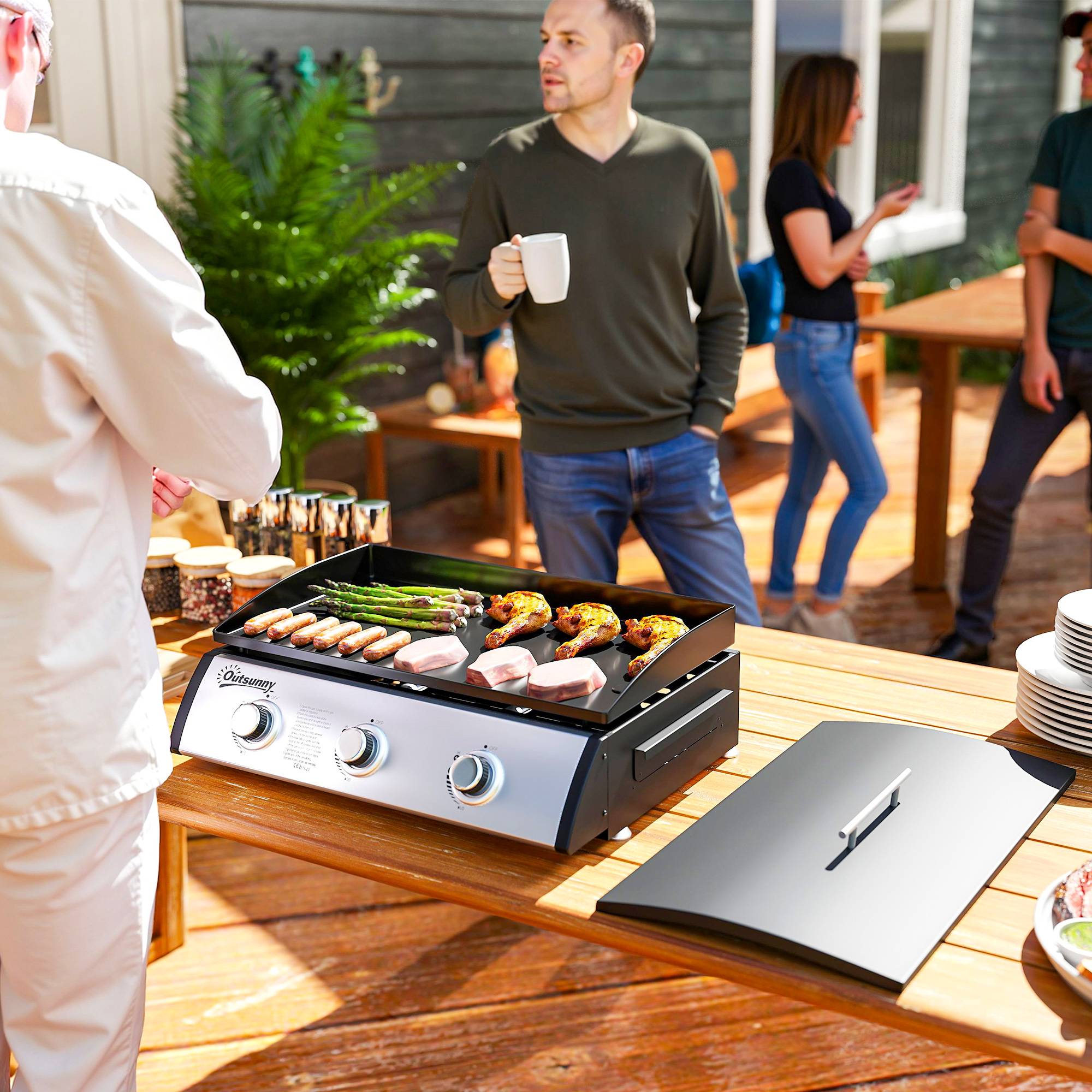Plancha gaz 3 brûleurs 7,5 kW, surface cuisson 61 x 35,5 cm avec couvercle, gaz liquéfié/propane, 63 x 47 x 25 cm noir - Image 3