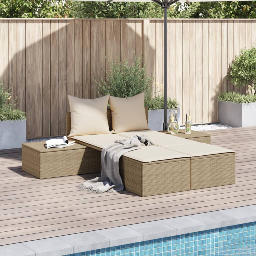 Maison Chic - Bain de soleil à 2 places - Transat - Chaise longue avec coussins beige résine tressée - MEUBLE PRO-JU6655 - Image 2