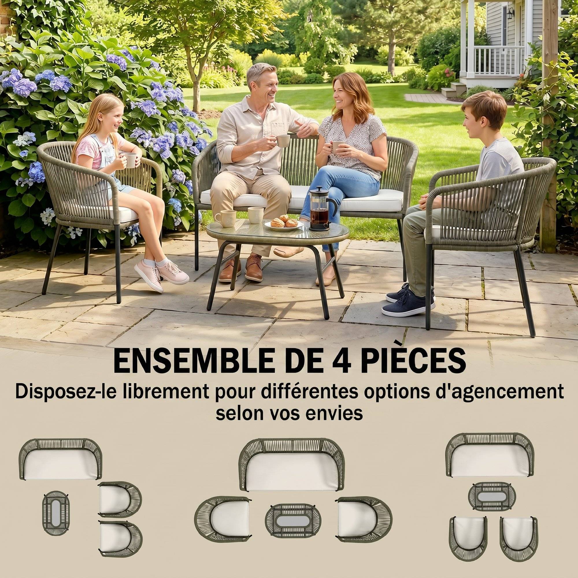 Salon de Jardin Extérieur 4 Places Canapé 2 Places 2 Fauteuils et Table Basse Verre Trempé PP Rond Tressé Crème - Image 6