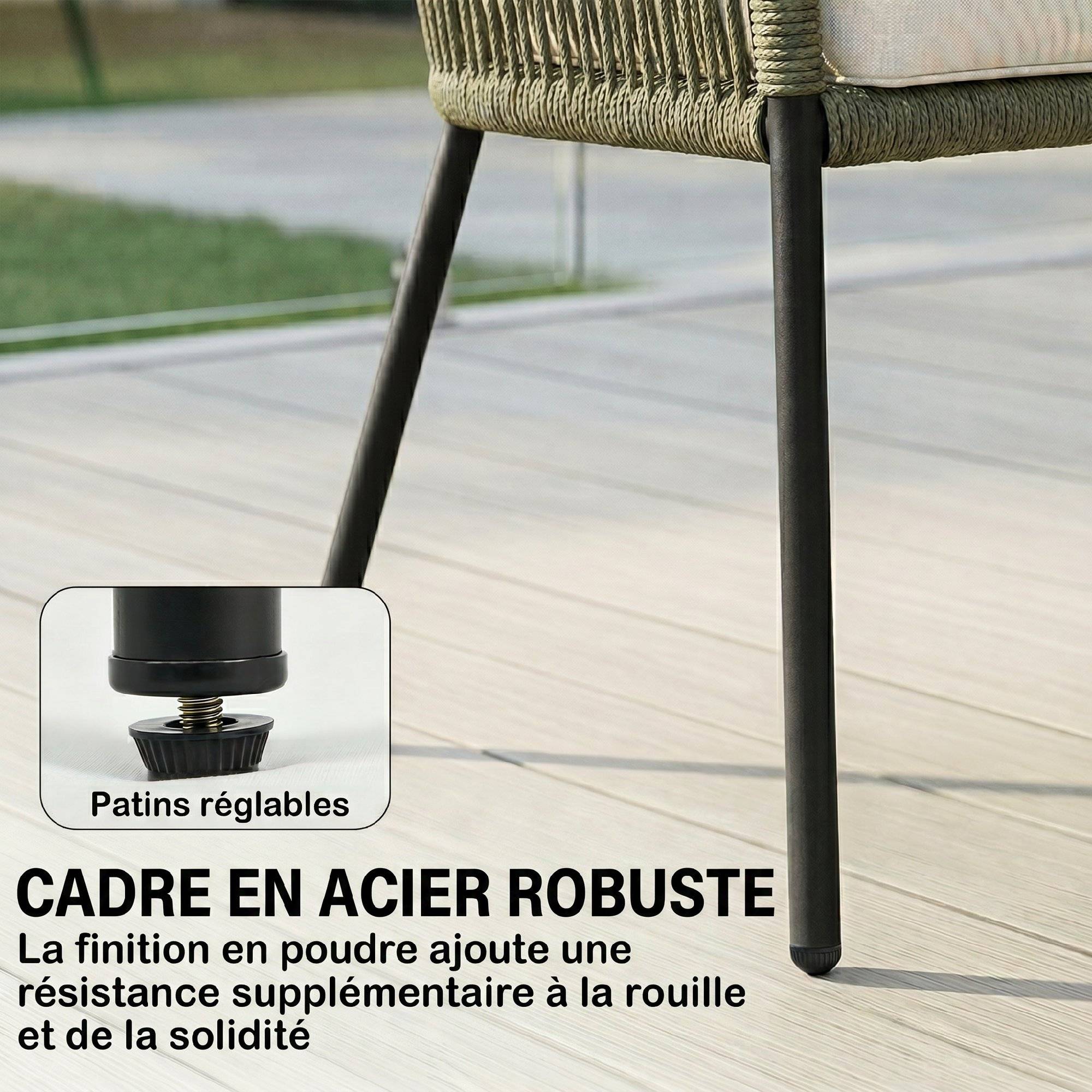Salon de Jardin Extérieur 4 Places Canapé 2 Places 2 Fauteuils et Table Basse Verre Trempé PP Rond Tressé Crème - Image 10