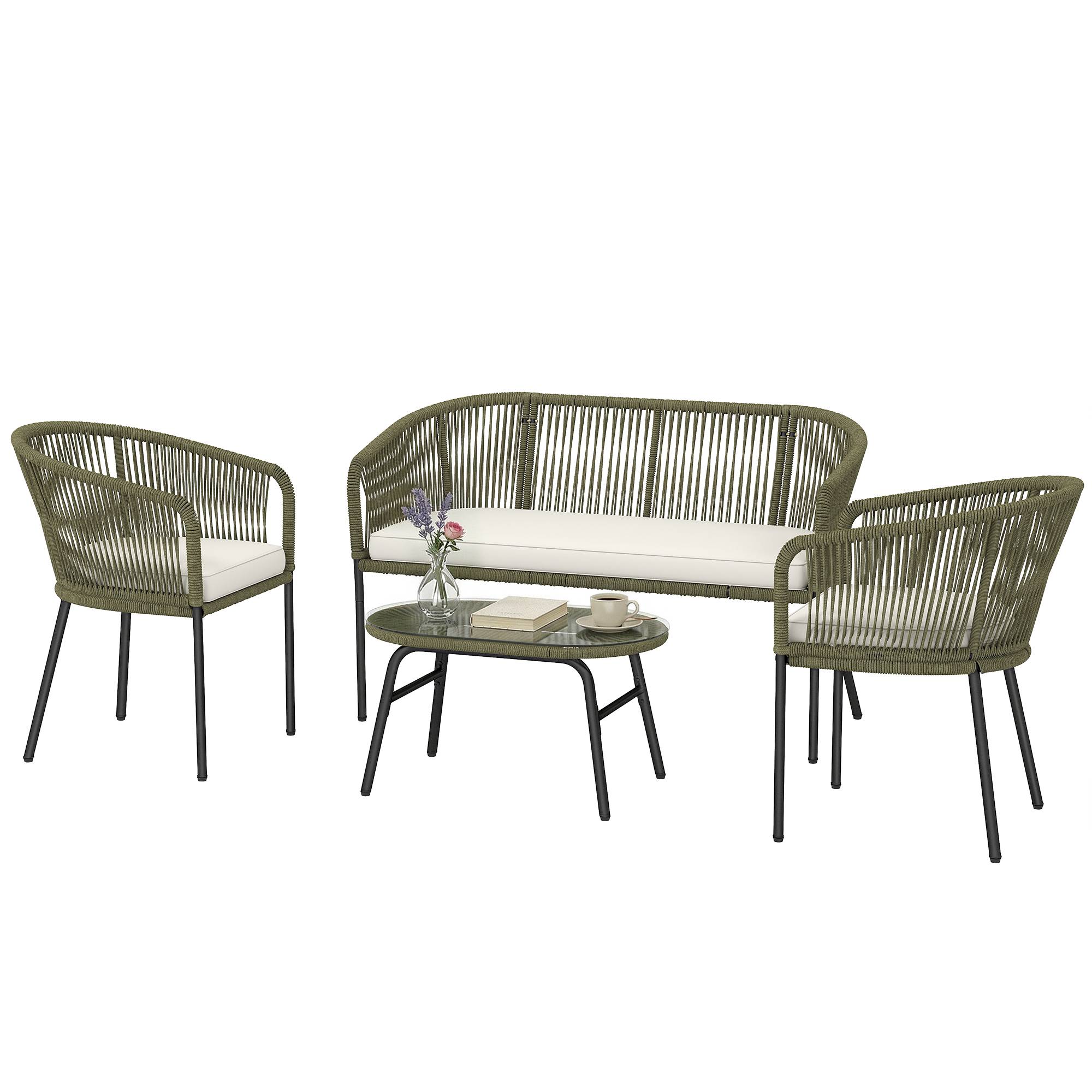 Salon de Jardin Extérieur 4 Places Canapé 2 Places 2 Fauteuils et Table Basse Verre Trempé PP Rond Tressé Crème - Image 2