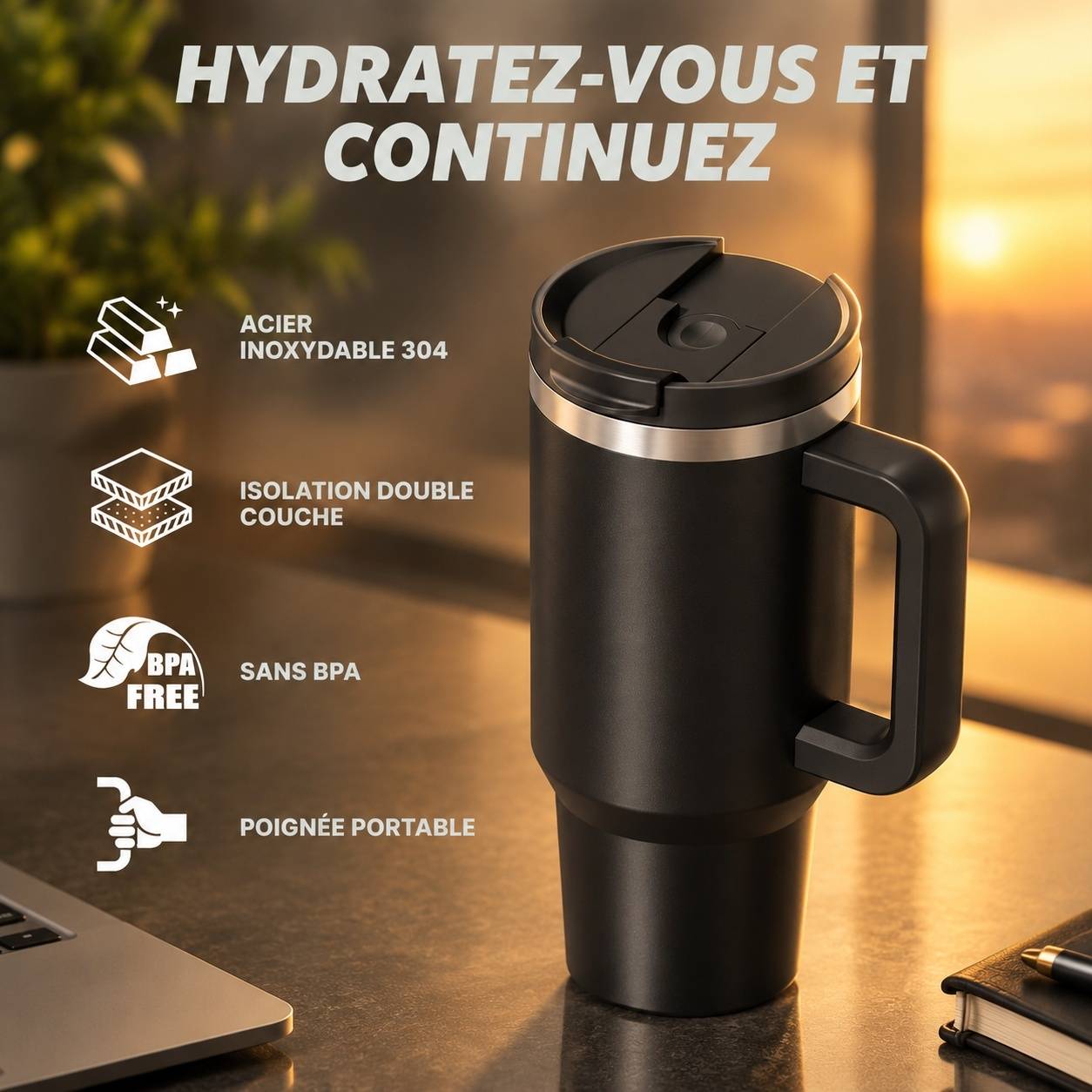 Bouteille Isotherme Acier Inoxydable 1,2l Avec 2 Pailles, Isolation 12h, Poignée Ergonomique - Image 6