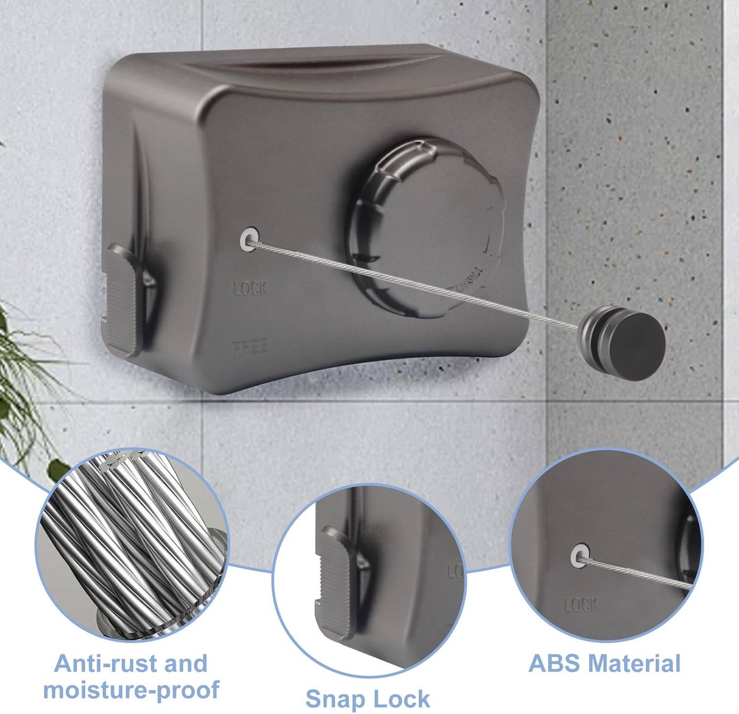 Corde à linge rétractable d'extérieur, rétractable, livrée avec une corde réglable en acier inoxydable 304 robuste, corde à linge de 5,1 m-Lytech - Image 3