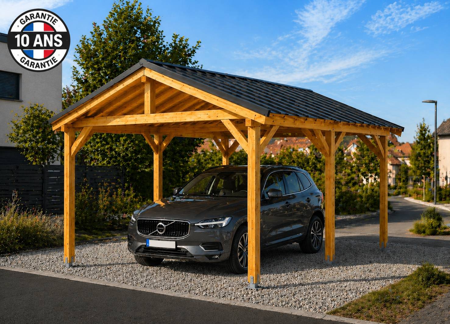 Carport bois 2 pentes en bois douglas 21 m² avec couverture. 6 pieds de poteau fixes. Abri camping car ou van. Garantie 10 ans. - Image 1