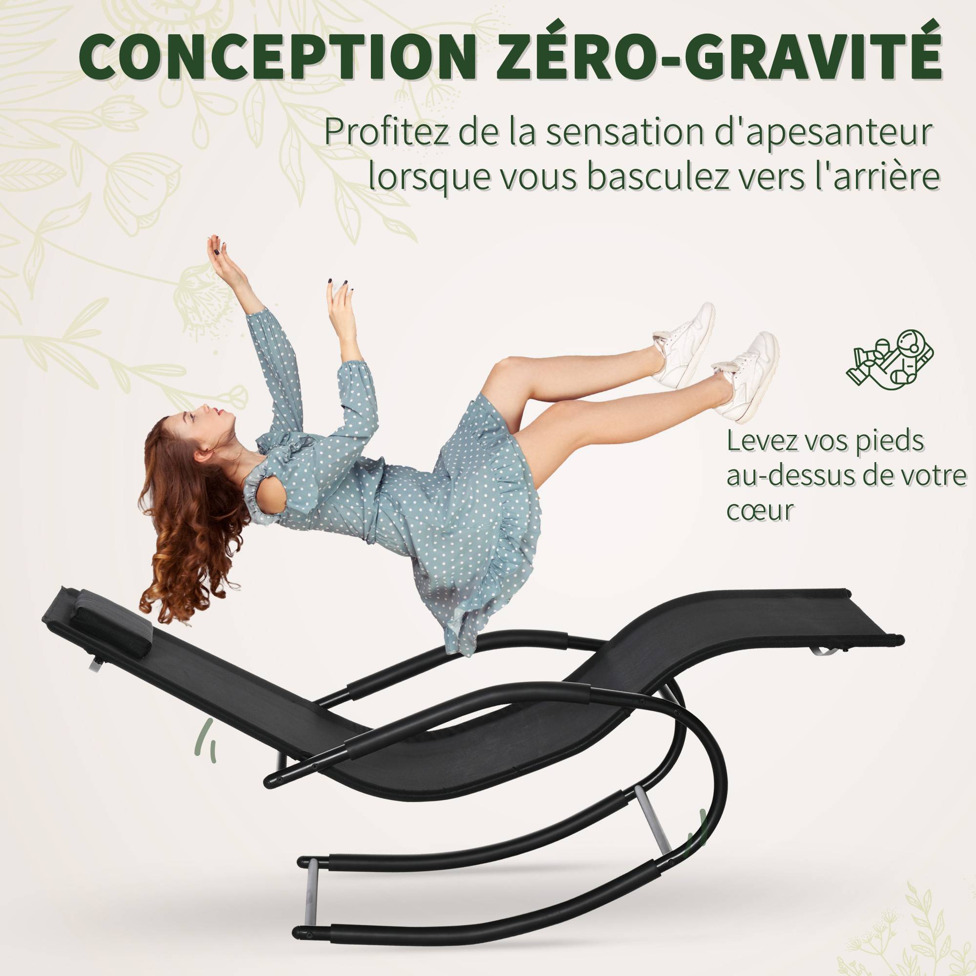 Chaise longue à bascule rocking chair ergonomique avec tétière accoudoirs métal galvanisé textilène 62l x 150P - Image 8