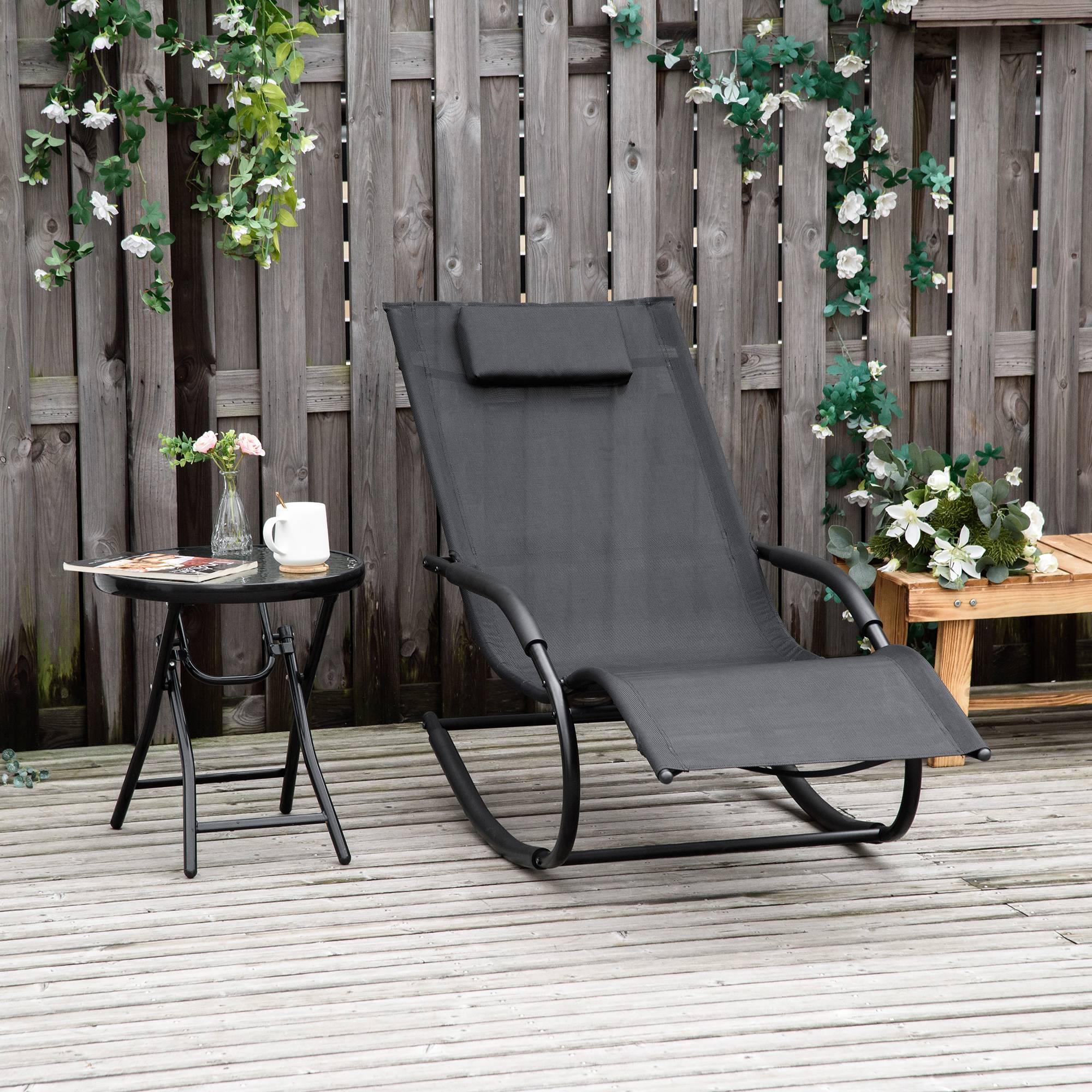 Chaise longue à bascule rocking chair ergonomique avec tétière accoudoirs métal galvanisé textilène 62l x 150P - Image 3