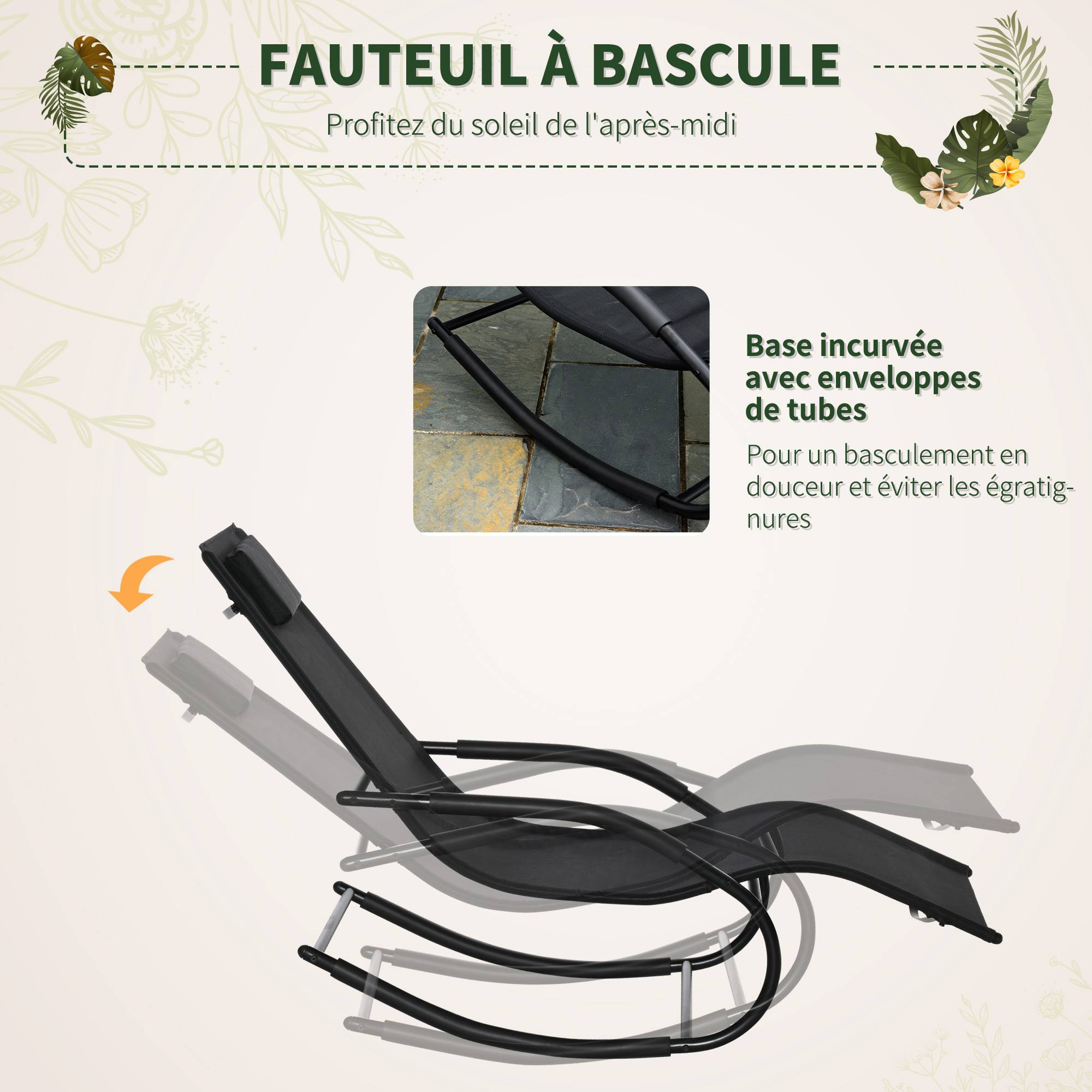 Chaise longue à bascule rocking chair ergonomique avec tétière accoudoirs métal galvanisé textilène 62l x 150P - Image 6