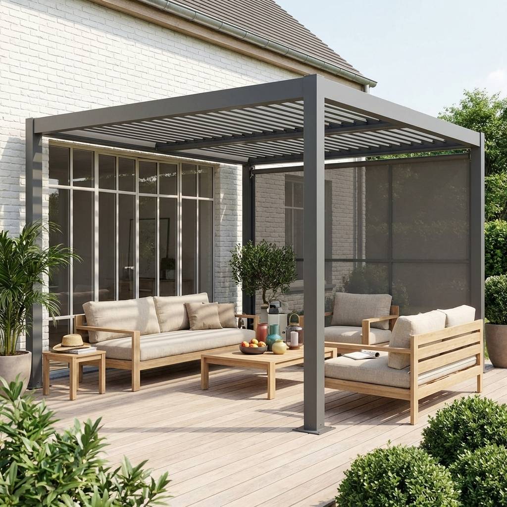 Pergola bioclimatique aluminium et acier 3x3m + auvent 3m anthracite Palace | sweeek - Image 1